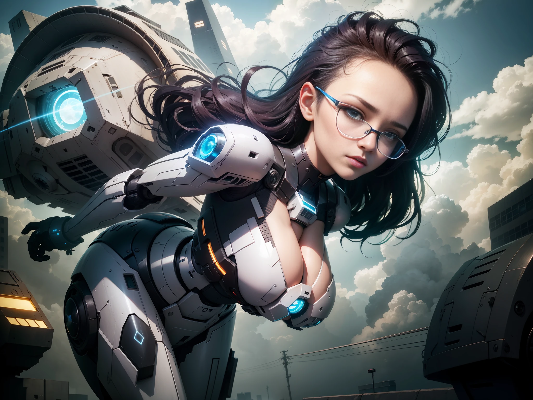 sky, cloud, holding_weapon, no_humans, glow, robot, building, glowing_eyes, mecha, science fiction, city, reality, mecha, colorful hair, forehead jewelry, rimless glasses, mole under the eyes, surrealism, shadow, stereoscopic image, taphi-e, pov, atmospheric perspective, motion blur, god ray, negative space, sony fe gm, ultra-wide, 8k, super detail, precision, best quality, uhd, retina, textured skin, girl, beautiful face, beautiful pose, surrealism, shadow, relief, stereogram, tape-e, pov, atmospheric perspective, mathematical lighting, hasselblad,
