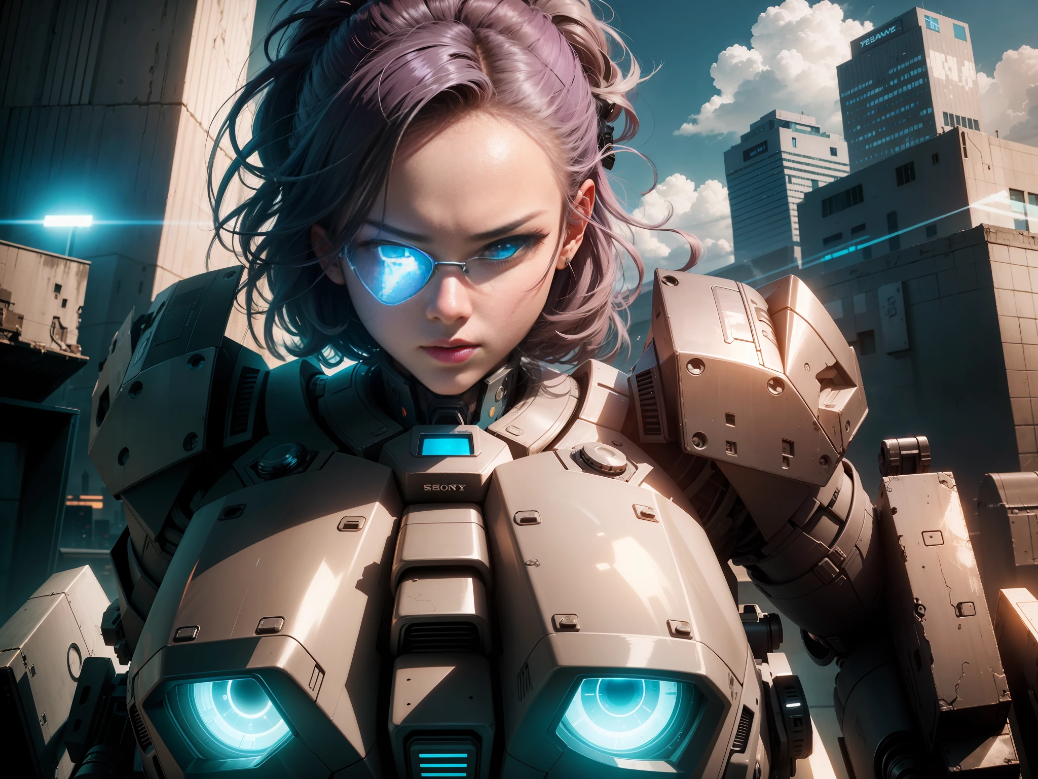 sky, cloud, holding_weapon, no_humans, glow, robot, building, glowing_eyes, mecha, science fiction, city, reality, mecha, colorful hair, forehead jewelry, rimless glasses, mole under the eyes, surrealism, shadow, stereoscopic image, taphi-e, pov, atmospheric perspective, motion blur, god ray, negative space, sony fe gm, ultra-wide, 8k, super detail, precision, best quality, uhd, retina, textured skin, girl, beautiful face, beautiful pose, surrealism, shadow, relief, stereogram, tape-e, pov, atmospheric perspective, mathematical lighting, hasselblad,