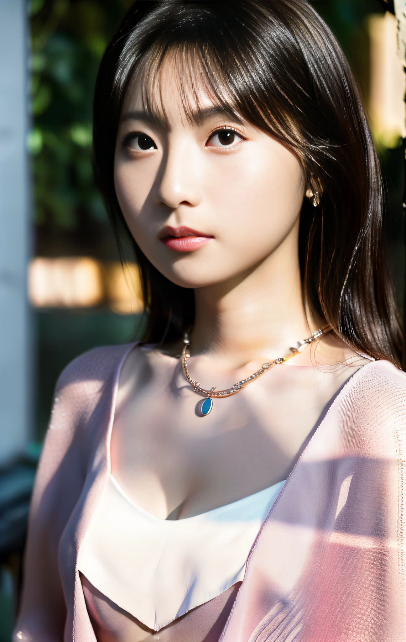 best quality, masterpiece, highres, 1girl,(light pink sexy aozai with open chest), hair ornament, necklace, jewelry, Beautiful face, upon_body, (huge breasts), cleavage, tyndall effect, photorealistic, dark studio, rim lighting, two tone lighting,(high detailed skin:1.2), 8k uhd, dslr, soft lighting, high quality, volumetric lighting, candid, Photograph, high resolution, 4k, 8k, Bokeh, watch intently