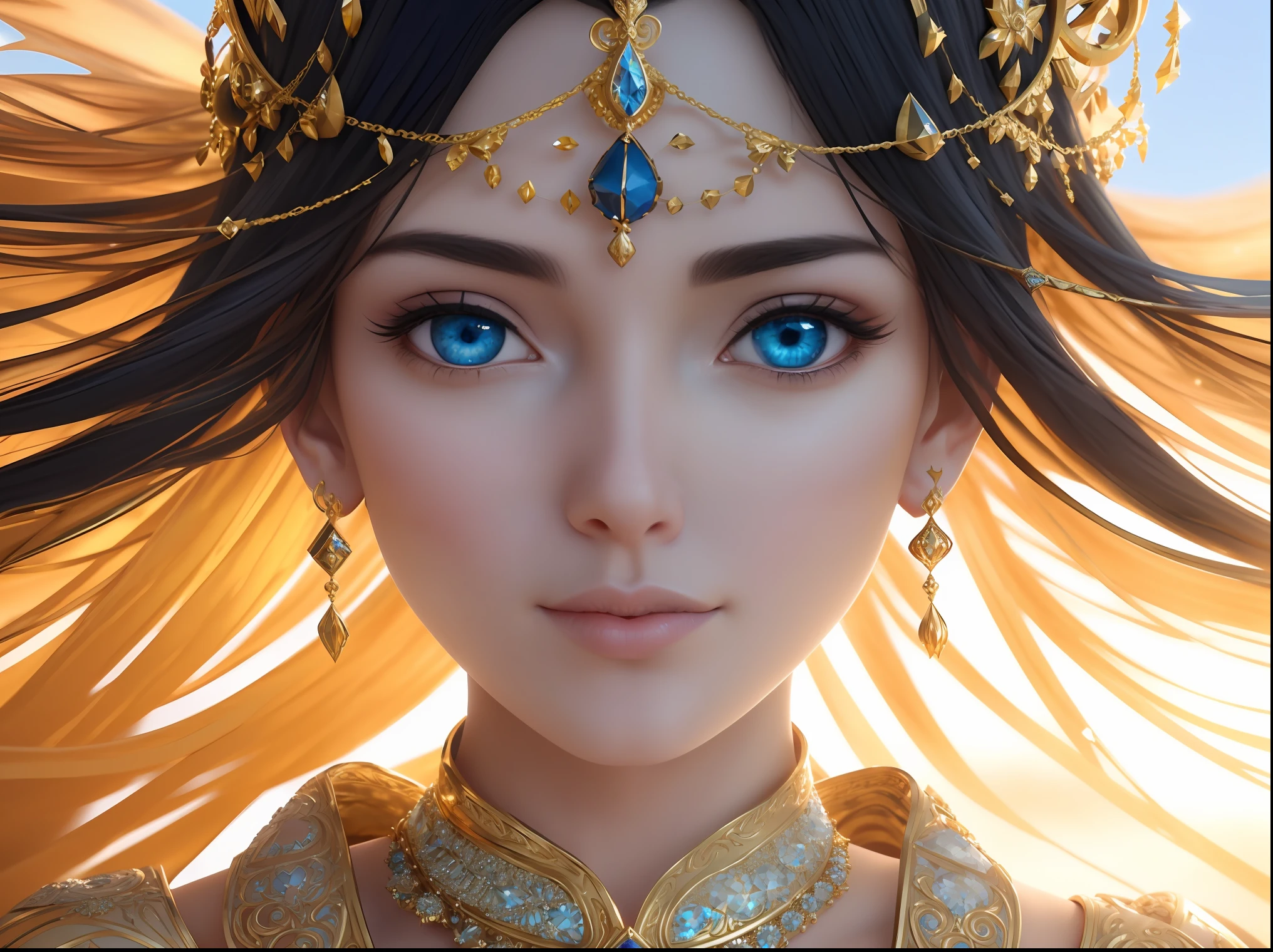 a close up of a woman with blue eyes wearing a gold headpiece, a beautiful fantasy empress, artgerm ; 3d unreal engine, hyperdetailed fantasy character, goddess. extremely high detail, 8k high quality detailed art, goddess close-up portrait, artgerm detailed, artgerm. high detail, beautiful and elegant elf queen