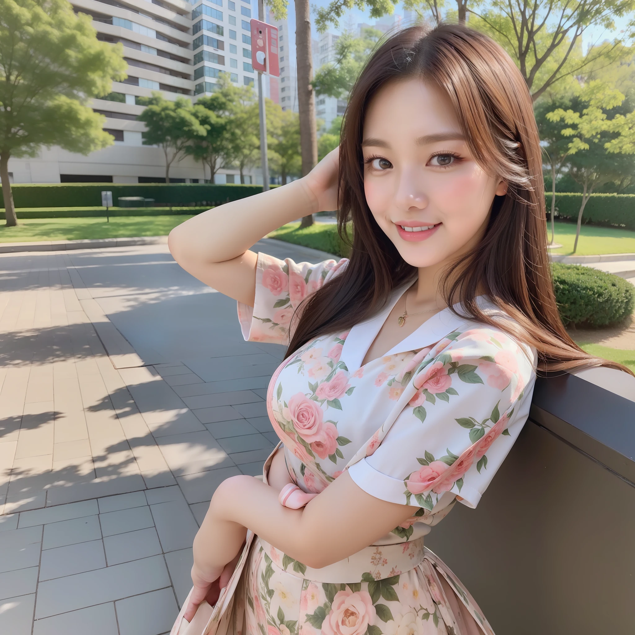 Cute girl taking selfie from top to bottom with her phone up in park, big eyes, best quality, masterpiece, high resolution, real skin, RAW photo, super detailed detail, realistic, depth of field, Tyndall effect, pretty face, 8k uhd, dslr, soft light, high quality, volumetric light, blush, (high detail skin: 1.2), background blur, floral skirt, various flowers around, cute smile, double eyelids