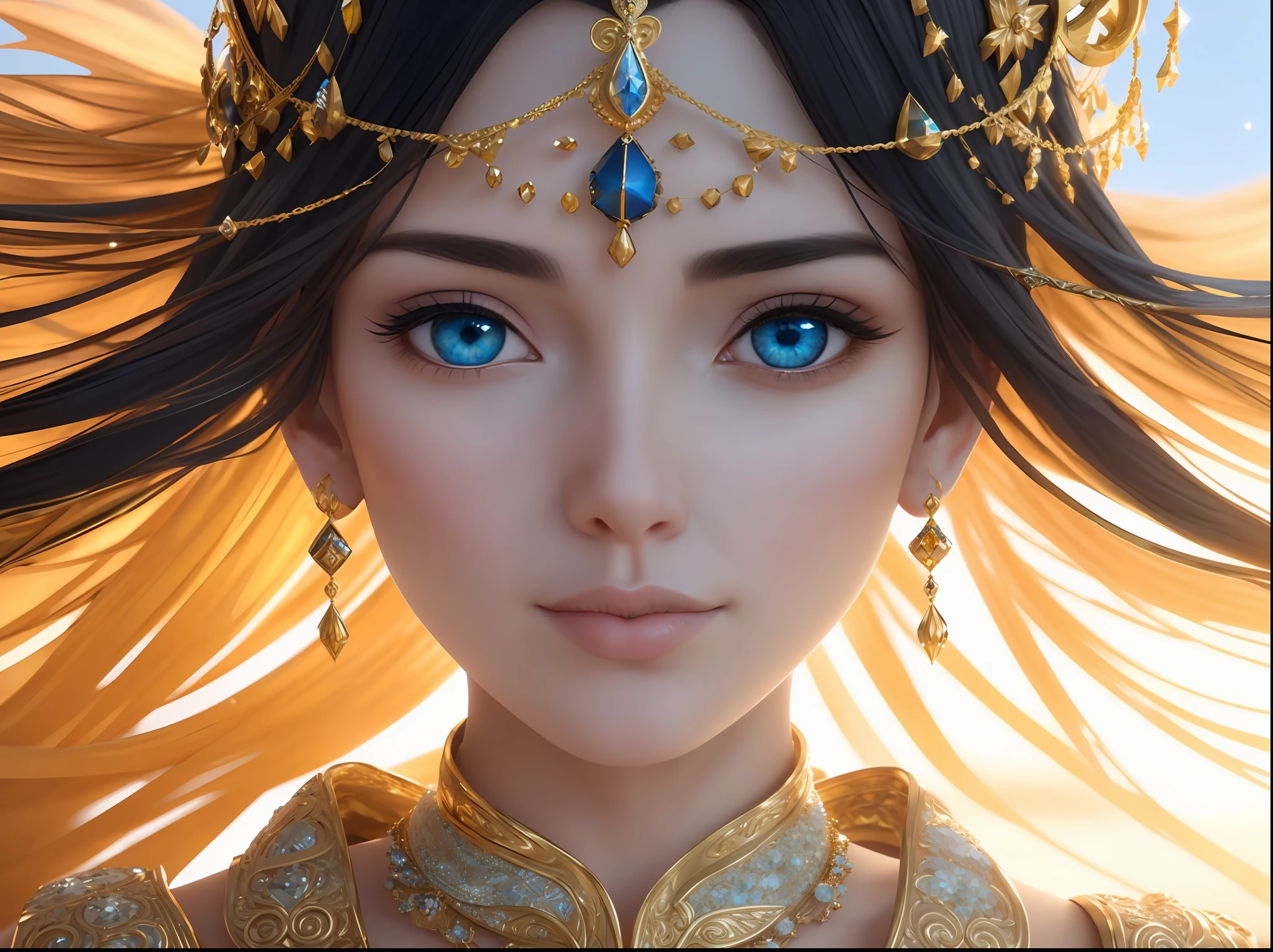 a close up of a woman with blue eyes wearing a gold headpiece, a beautiful fantasy empress, artgerm ; 3d unreal engine, hyperdetailed fantasy character, goddess. extremely high detail, 8k high quality detailed art, goddess close-up portrait, artgerm detailed, artgerm. high detail, beautiful and elegant elf queen