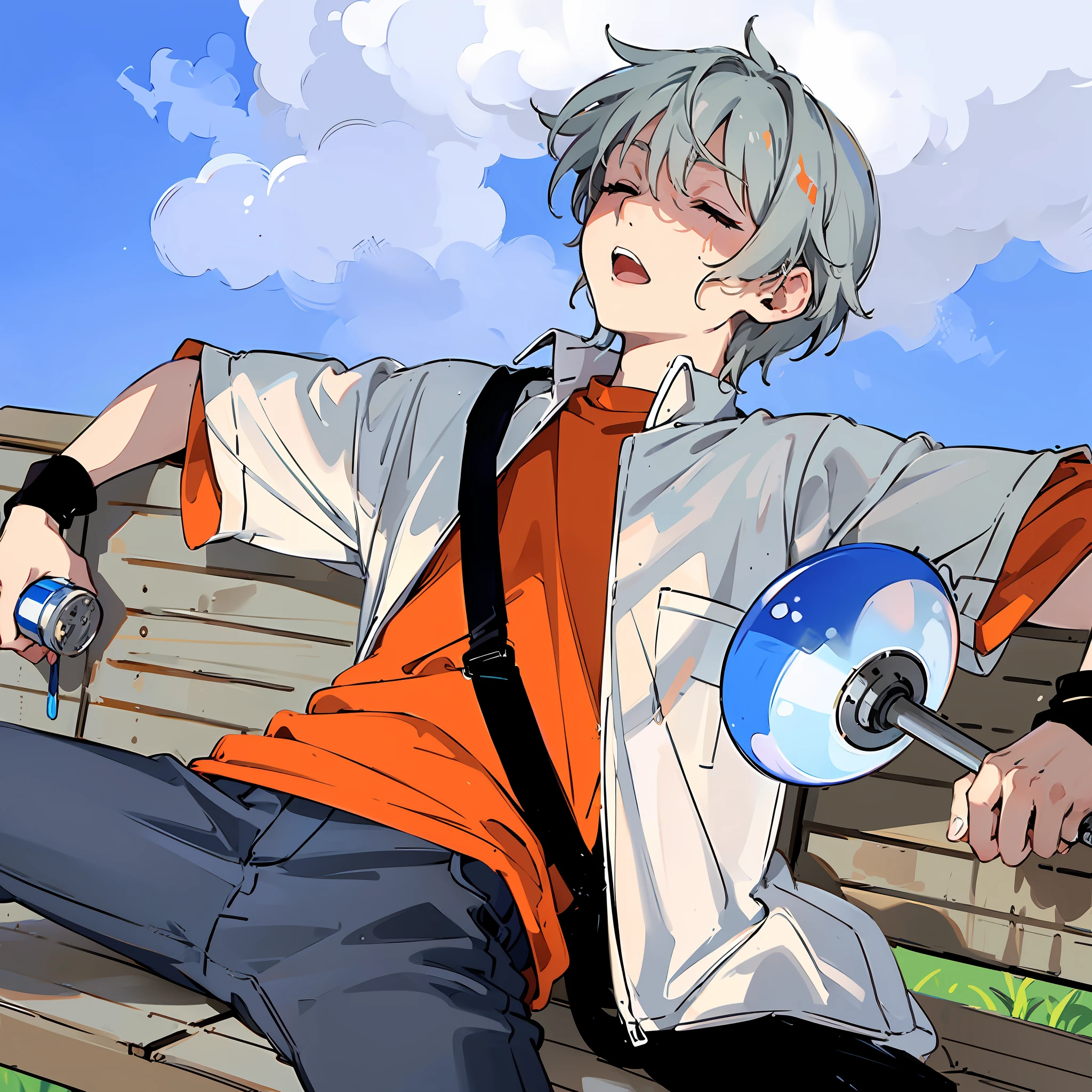 1boy, white shirt jacket, orange t-shirt, white hair, eyes closed, mouth open, sweating, lying on chair with Coke can in hand, fan in hand, navy blue pants, black shoulder bag, blue sky, white clouds, grass