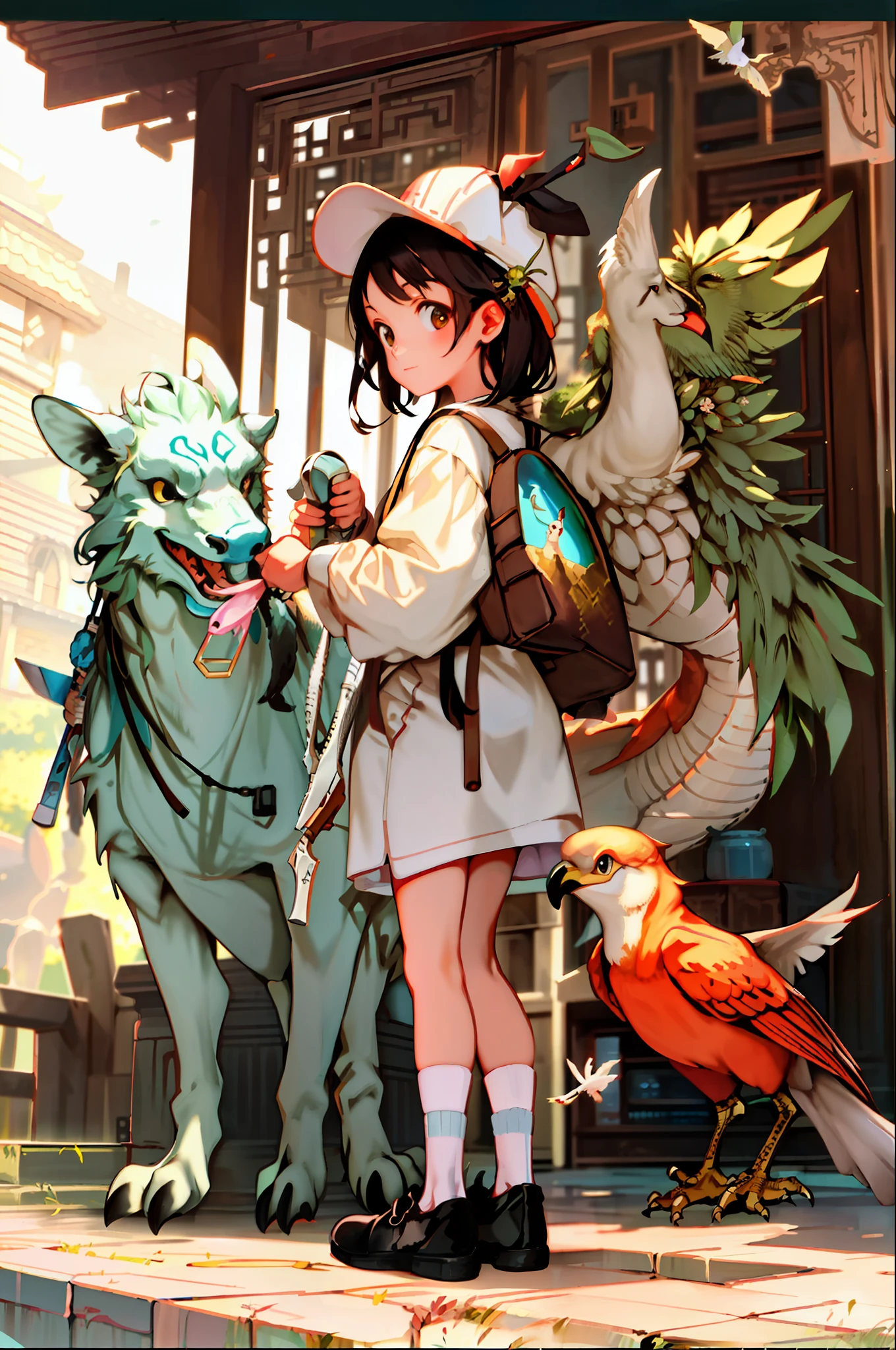 girl, letterboxed, holding, outdoors, bird, standing, cloud, 1boy, weapon, from behind, sky, cloudy sky, animal, holding weapon, eastern dragon, monster, 1other, hat, fog,
