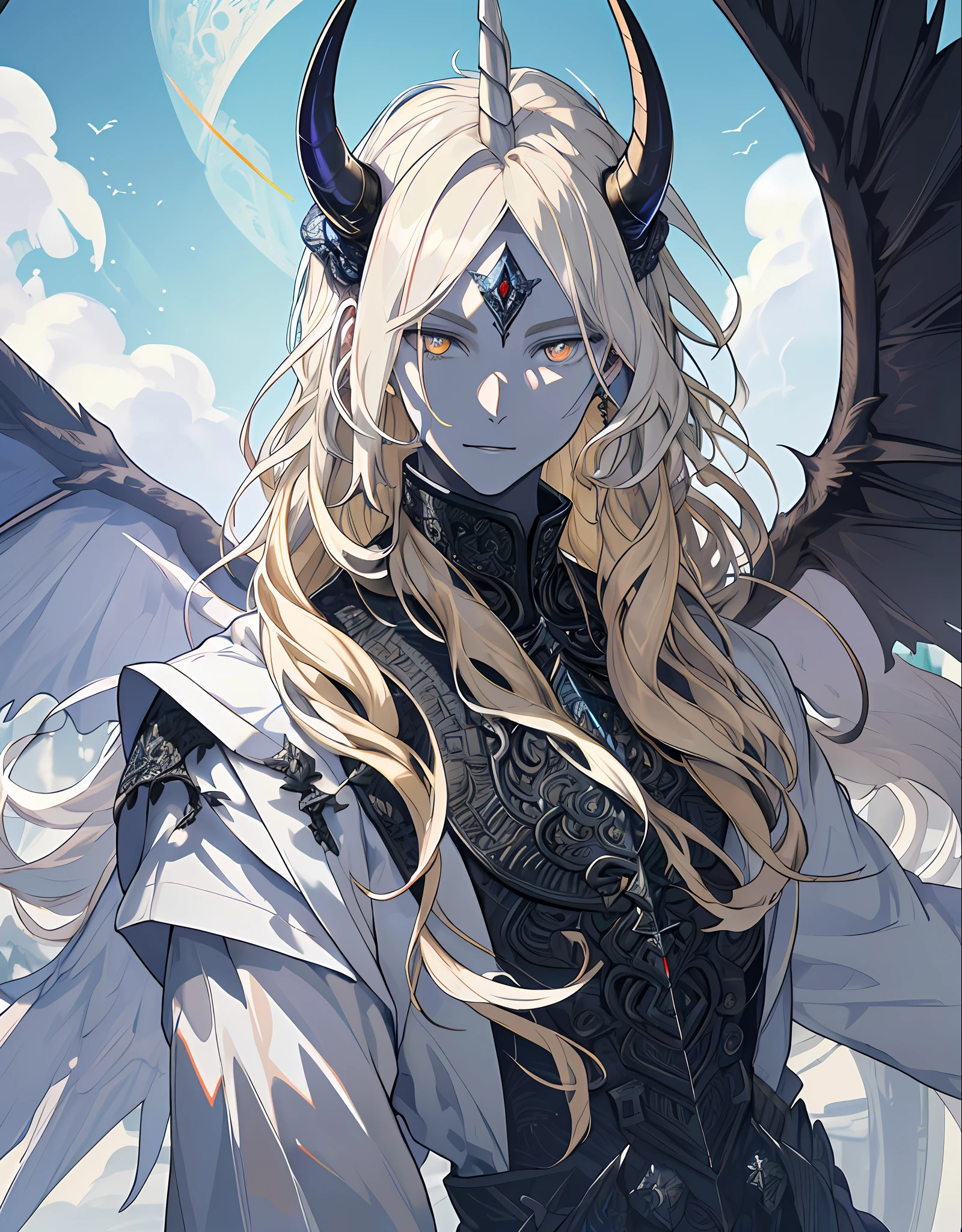 ((raw photo)), ((masterpiece)), anthropomorphic humanoid Demon wearing obsidian armor, intricate detail, futobot, intricate Greebles pieces, sky behind, beautiful face, large black wings, long blonde hair, very white skin, diamond eye, a unicorn horn on the forehead, lucifer