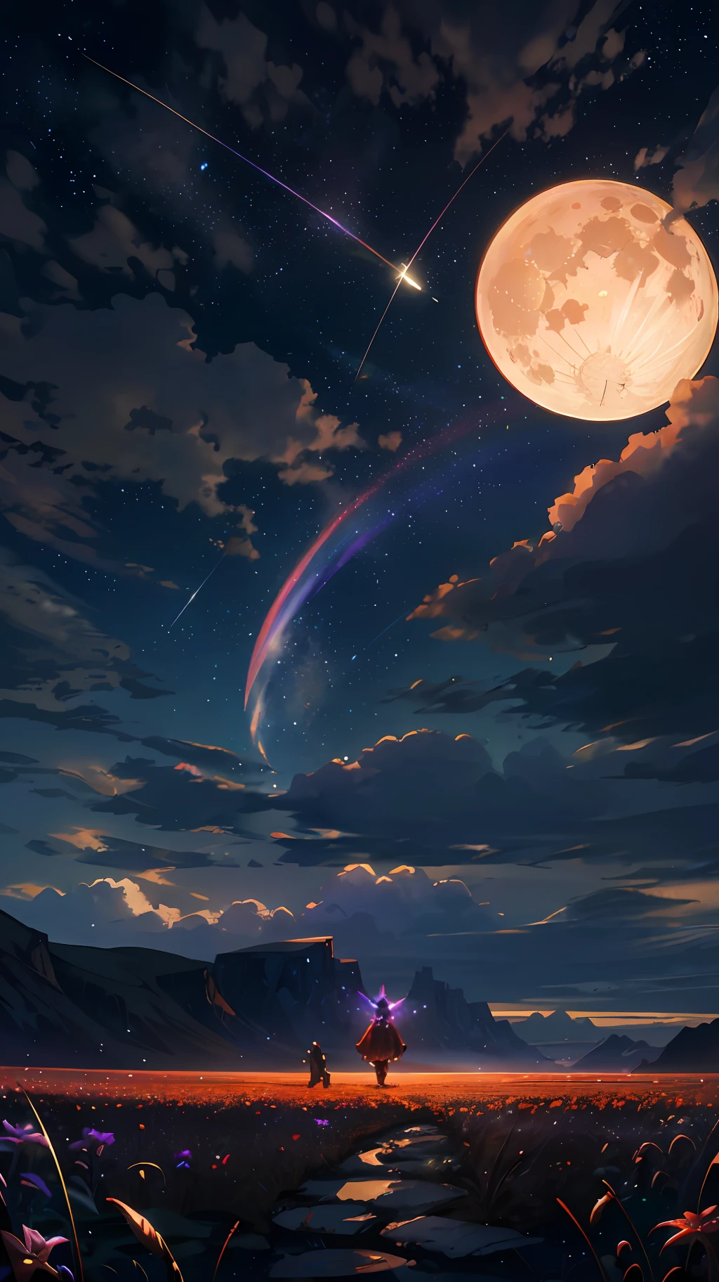 A wide landscape photo, (viewed from below, the sky is above, and the open field is below), a girl standing on a flower field looking up, (full moon: 1.2), (meteor: 0.9), (nebula: 1.3), distant mountains , Trees BREAK Crafting Art, (Warm Light: 1.2), (Firefly: 1.2), Lights, Lots of Purple and Orange, Intricate Details, Volumetric Lighting BREAK (Masterpiece: 1.2), (Best Quality), 4k, Ultra Detailed, (Dynamic Composition: 1.4), Rich in Detail and Color, (Rainbow Color: 1.2), (Glow, Atmospheric Lighting), Dreamy, Magical, (Solo: 1.2)