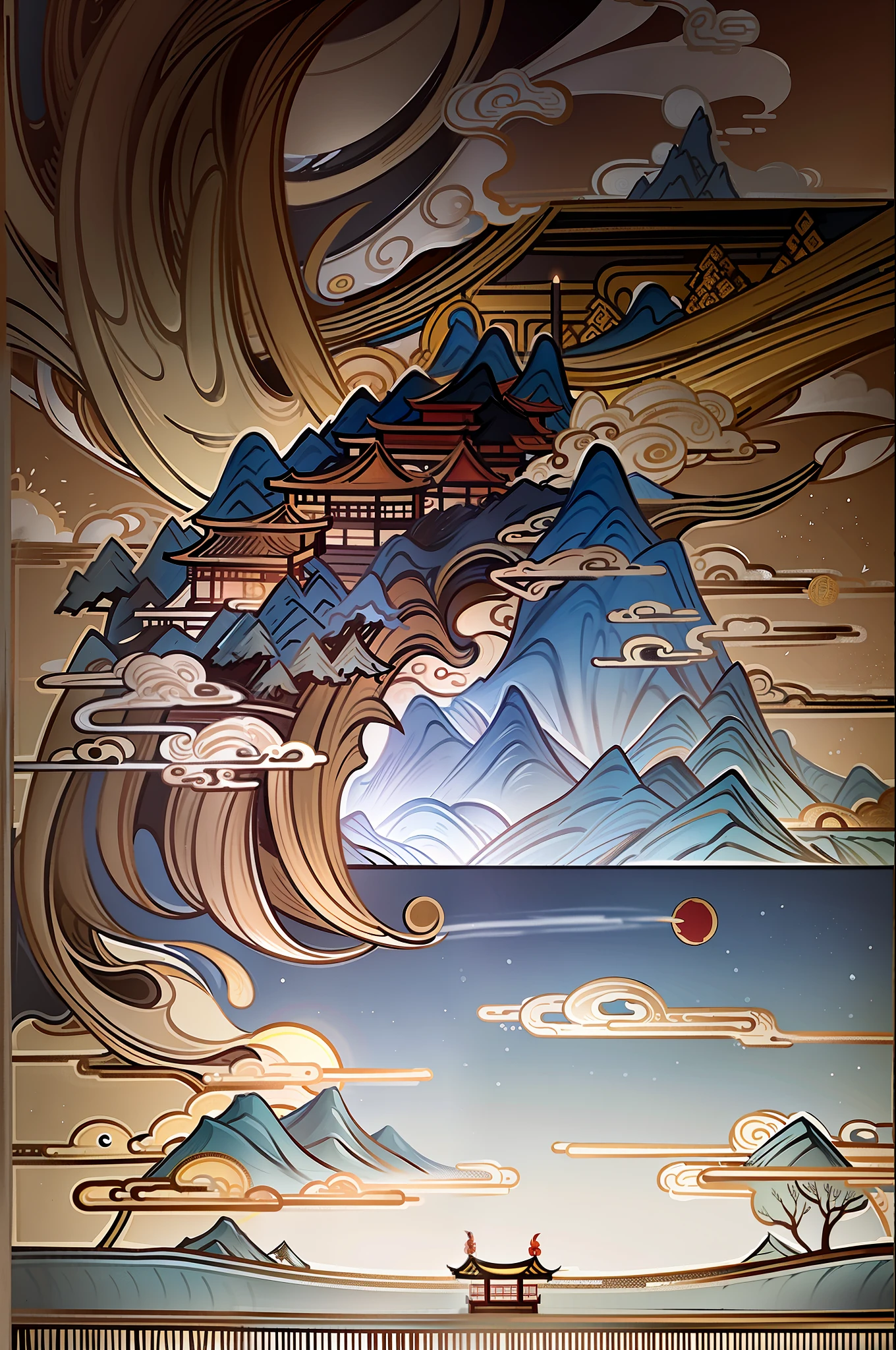 An ancient Chinese painting, ancient Chinese background, mountains, rivers, auspicious clouds, pavilions, sunshine, masterpieces, super detail, epic composition, ultra HD, high quality, extremely detailed, official art, unified 8k wallpaper, Super detail, 32k -- v 6