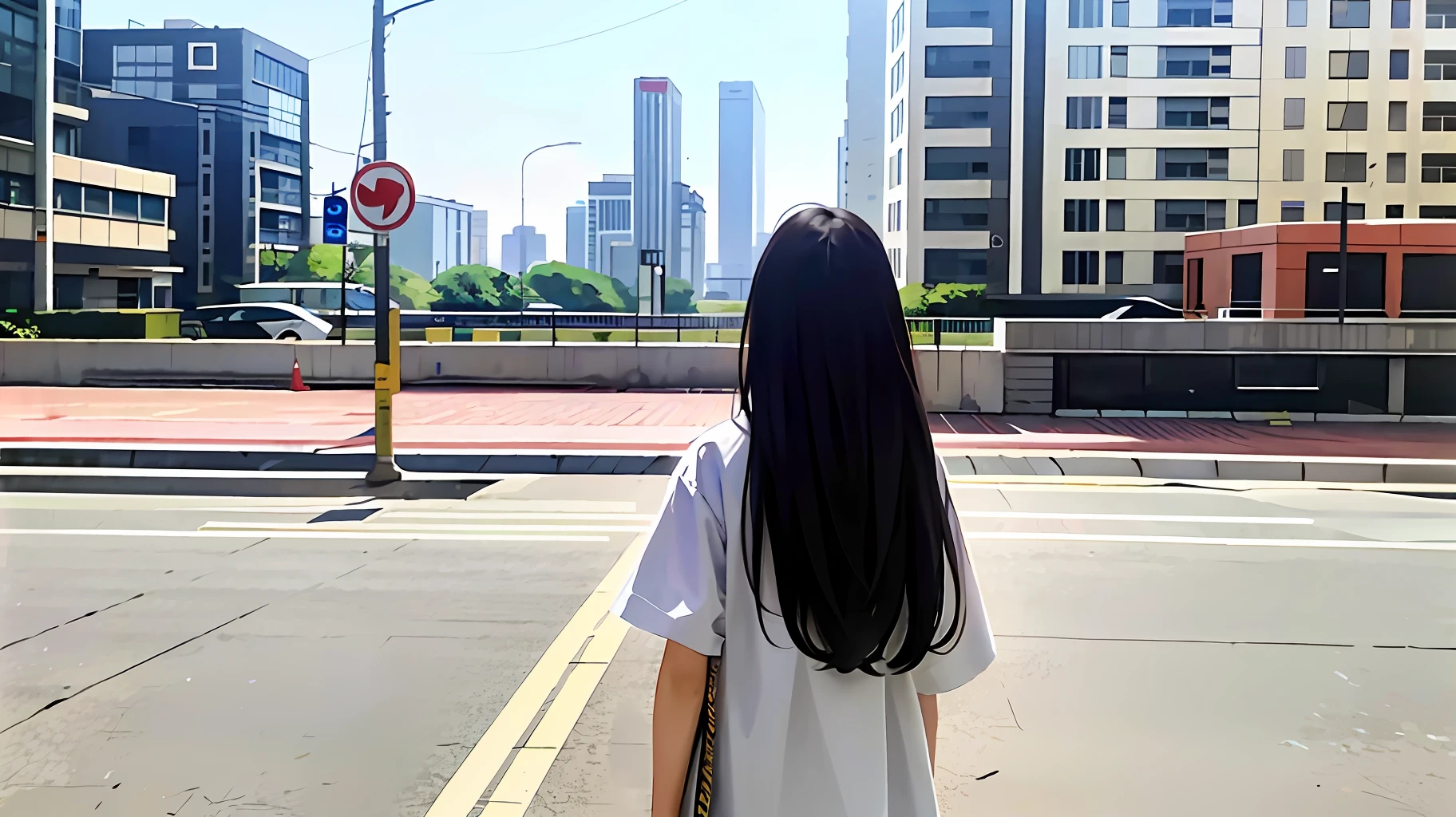 Distant view, building, stock board, 1girl