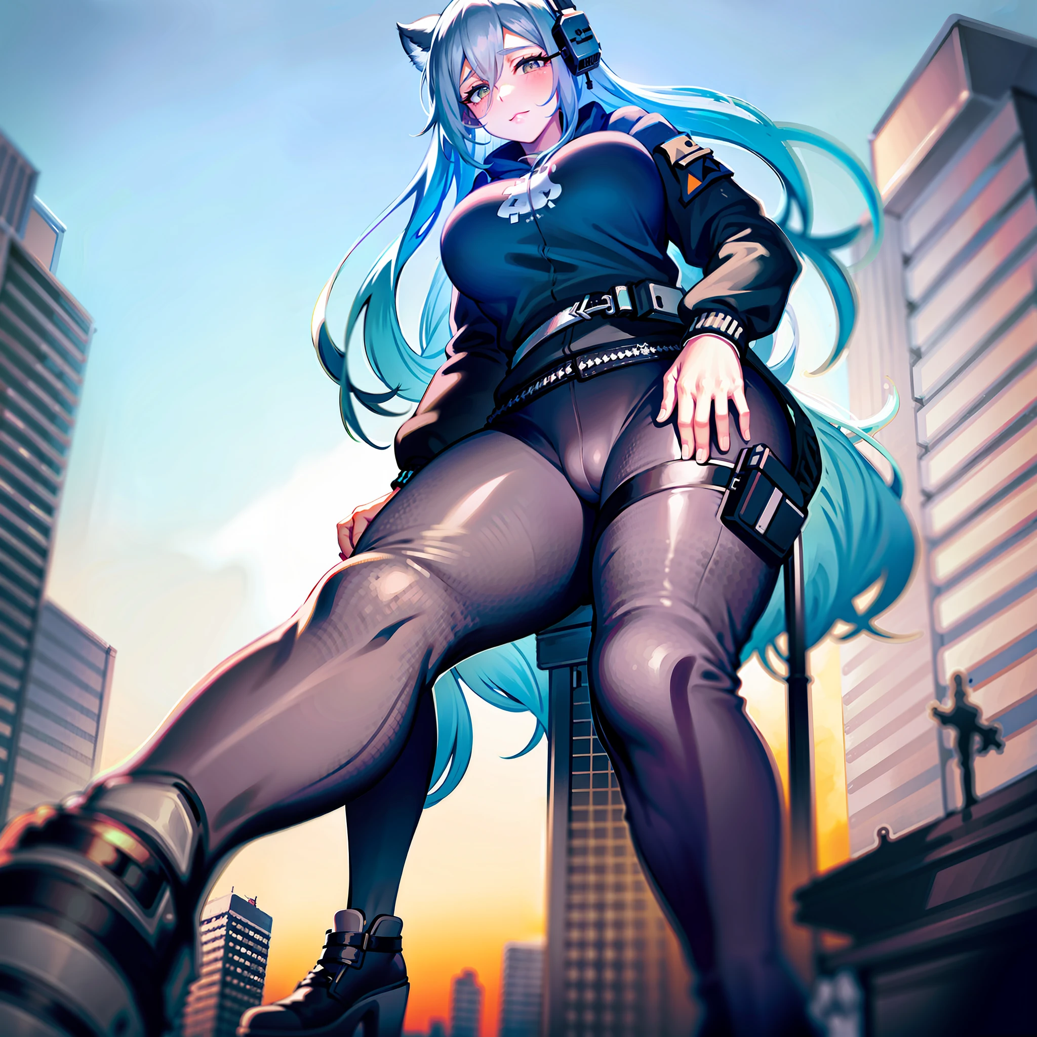 skyline, 1girl, solo, breasts, big breasts, simple background, white background, pants, camel toe, looking at the audience, jacket, blushing, looking down, giantess, from below, city, soles of feet, black boots, walking