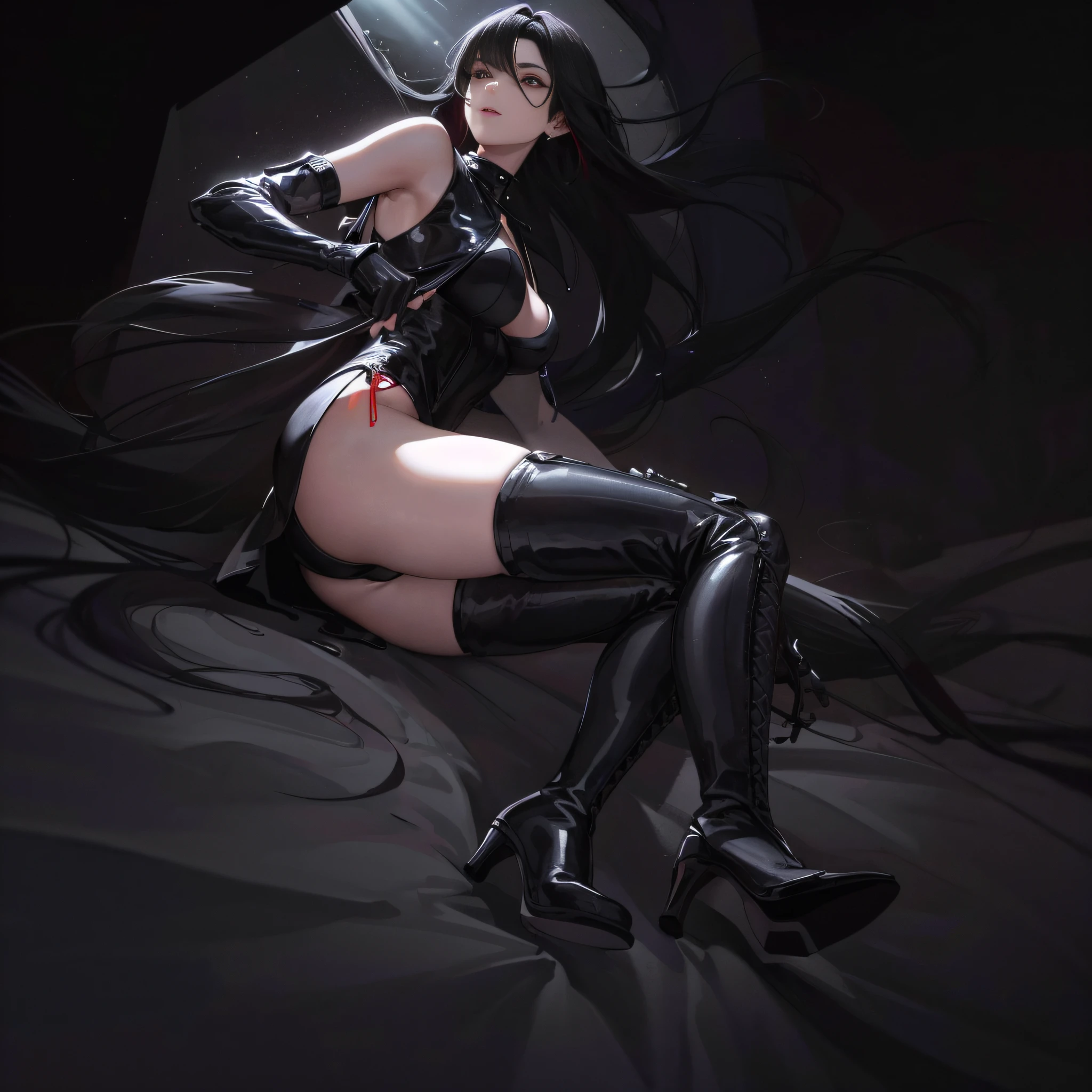 Yolfuje, black hair, black dress, sharp knife in right hand, red pupils, black tall boots, Yor Forger, busty ass, long hair, white headband, low cut, split dress, lying in bed, colored, clear facial features, sexy, leather boots, big breasts, clear structure, masterpiece, best quality, official art, extremely detailed CG unity 8k wallpaper, very wide shot, from below, detailed and intricate, Tyndall effect, panorama, Epic Light and Shadow, best illumination, best shadow, beautiful light and shadow, bright picture, stiletto, two legs, one person, no extra legs, accurate shoe structure, Red sole, stiletto heel, beautiful beauty, plump thighs, excellent proportions of feet