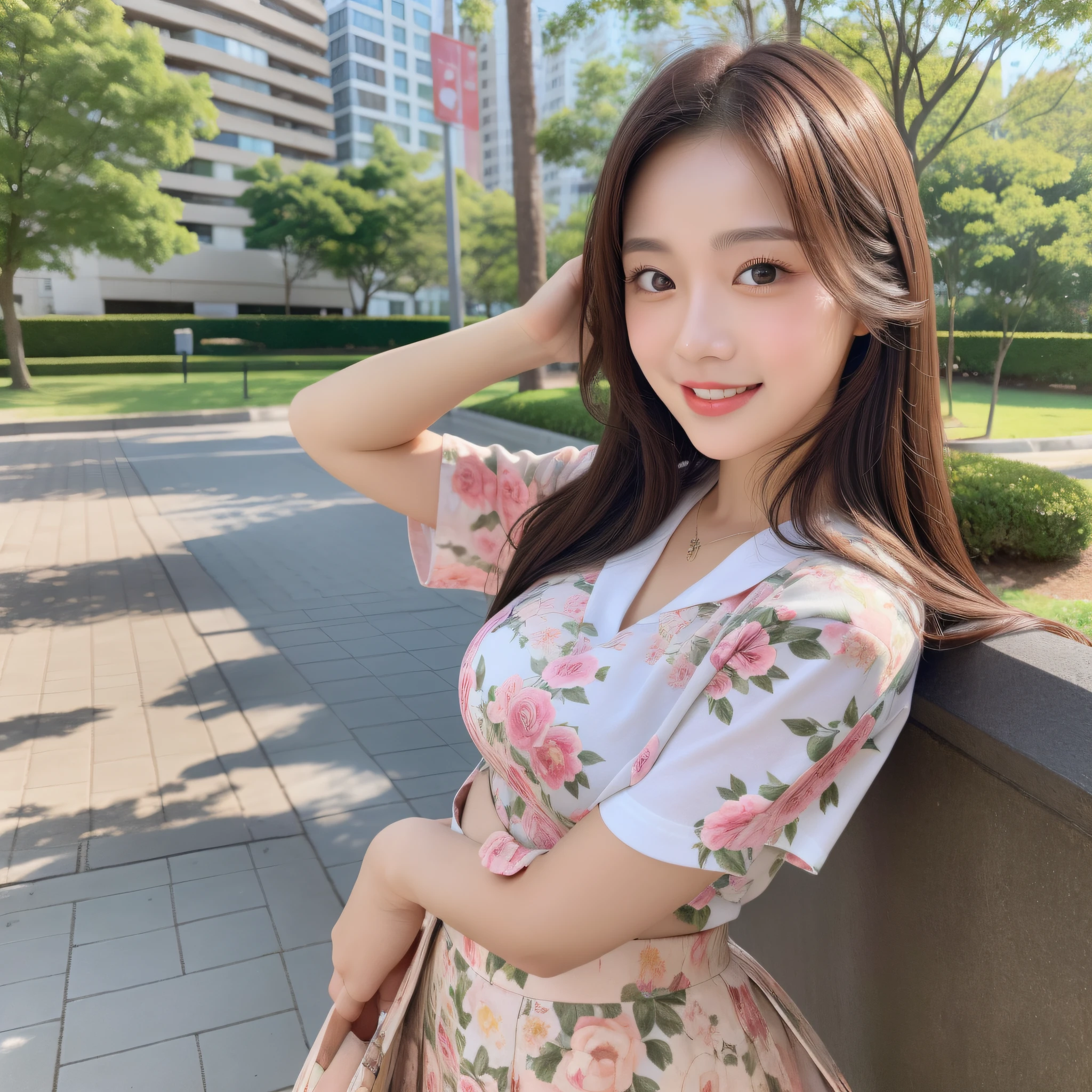 Cute girl taking selfie from top to bottom with her phone up in park, big eyes, best quality, masterpiece, high resolution, real skin, RAW photo, super detailed detail, realistic, depth of field, Tyndall effect, pretty face, 8k uhd, dslr, soft light, high quality, volumetric light, blush, (high detail skin: 1.2), background blur, floral skirt, various flowers around, cute smile, double eyelids