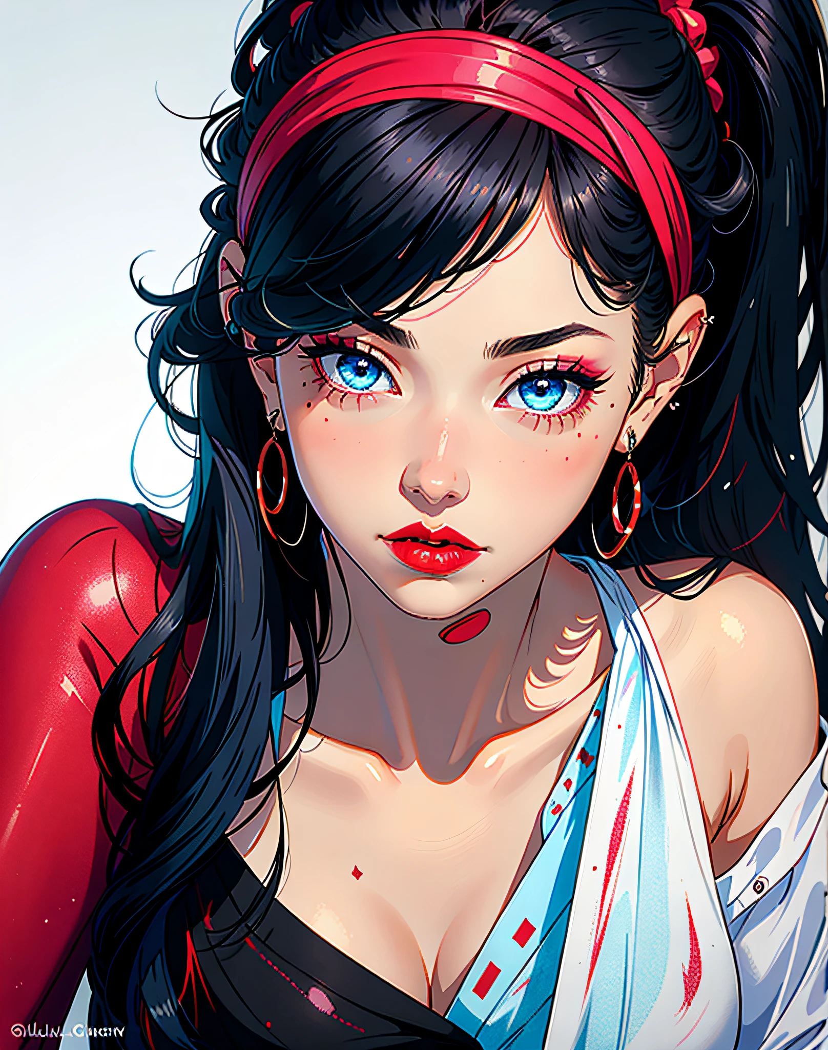 8k,solo,1girl,solo,black hair,makeup,earrings,mole under eye,blush,jewelry,long hair,lipstick,red lips,eyeshadow,looking at viewer,colored skin,portrait,realistic,blue eyes,
