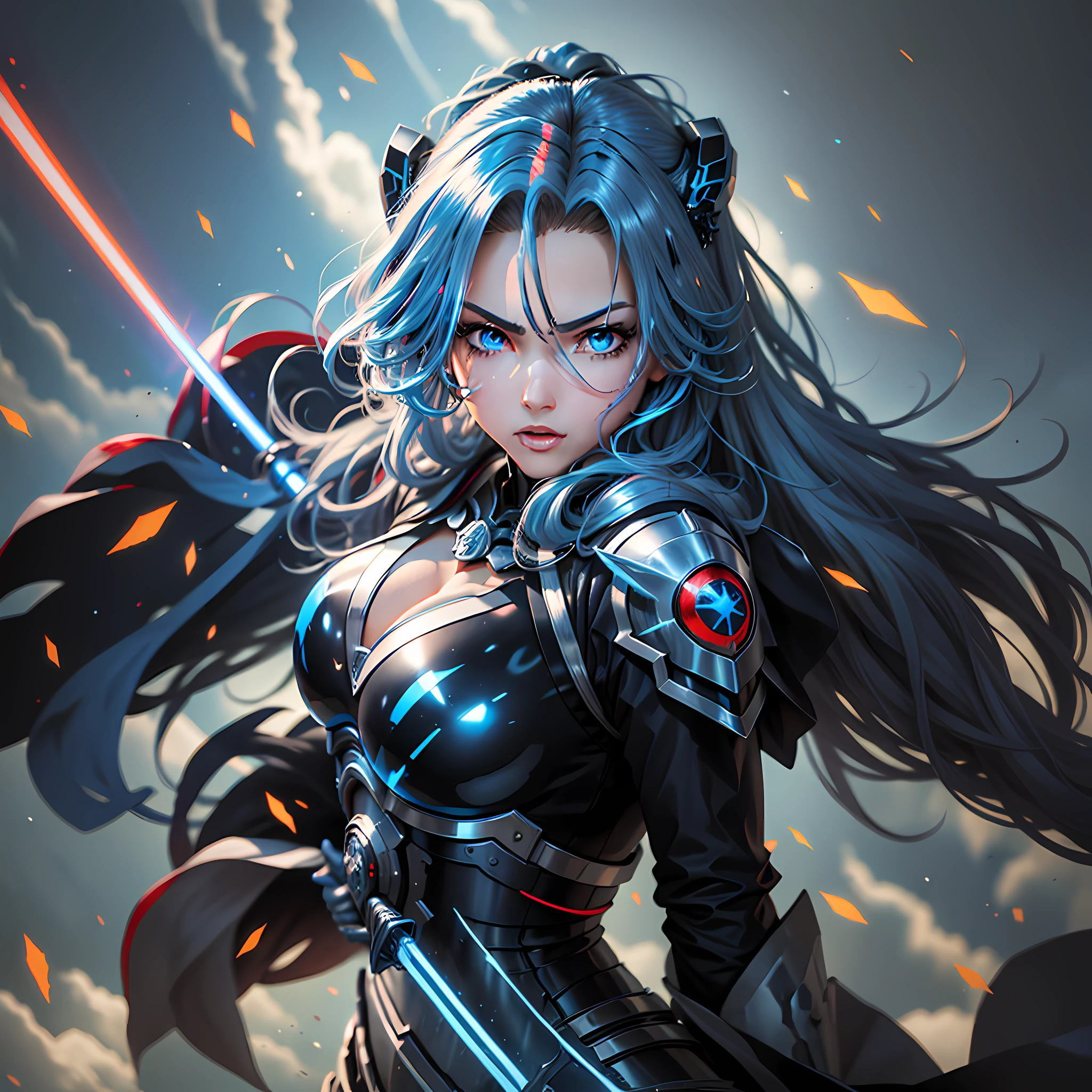 make a mecha girl with a shiny metal armor colors blue, red, white and black with details in neom long hair azuiz with a beautiful body and large bust the girl has to be looking at the audience wielding her imposing laser sword for battle, gorgeous face, anime style, movie photo, clear azuiz eyes, perfect and beautiful eyes, perfect hands, colors that enhance the character, perfect contrast and brightness, detailed armor, chrome metal, perfect body, extremely beautiful character, with light effects on the character, cinema effects