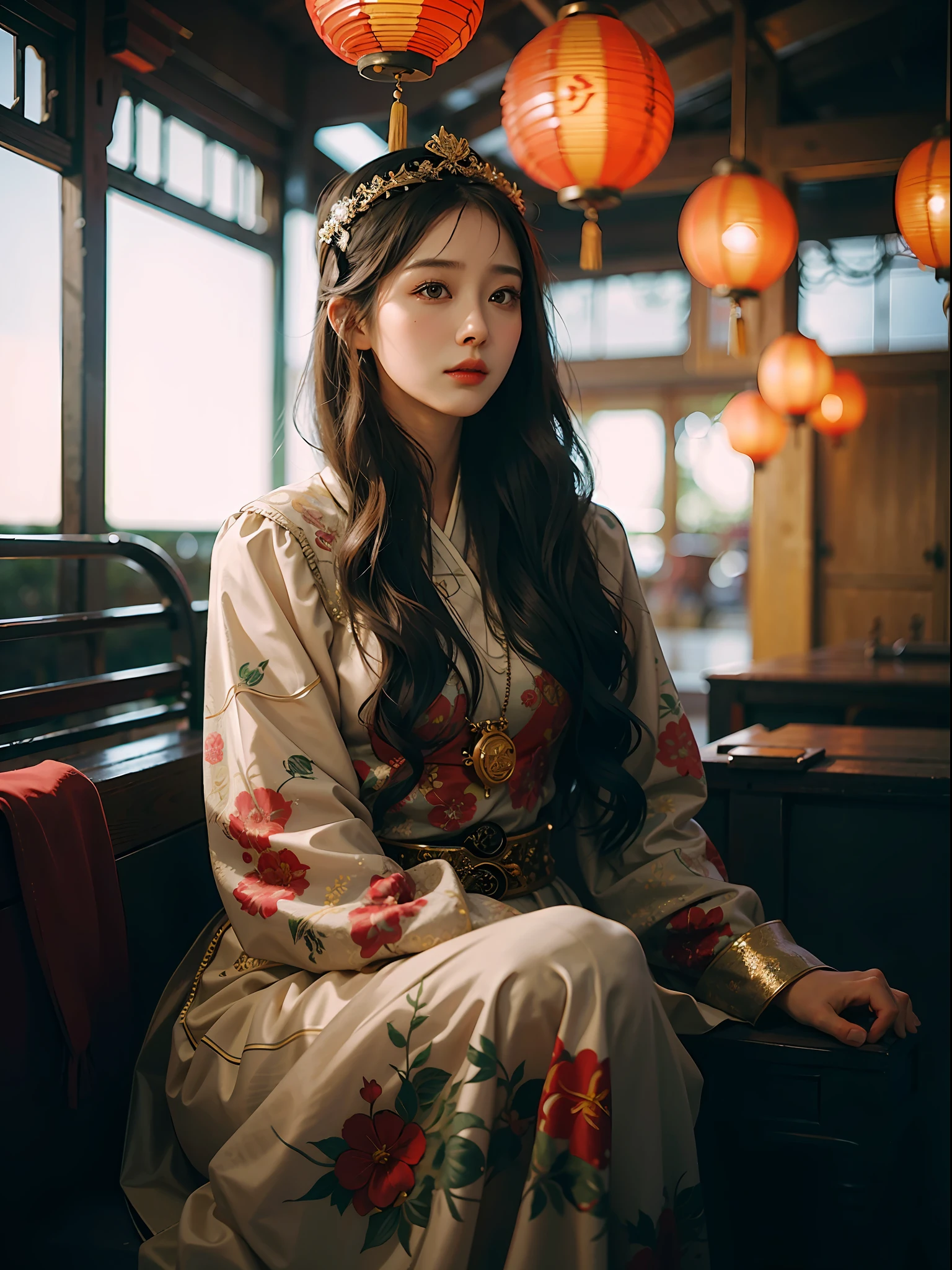 (Marian Rivera), arafed woman sitting on a bench with a red lantern above her head, beautiful oriental woman, chinese woman, chinese girl, palace ， a girl in hanfu, a young asian woman, portrait shot, chinese princess, cinematic. by leng jun, young asian woman, beautiful asian woman, an asian woman, asian woman, with acient chinese clothes
