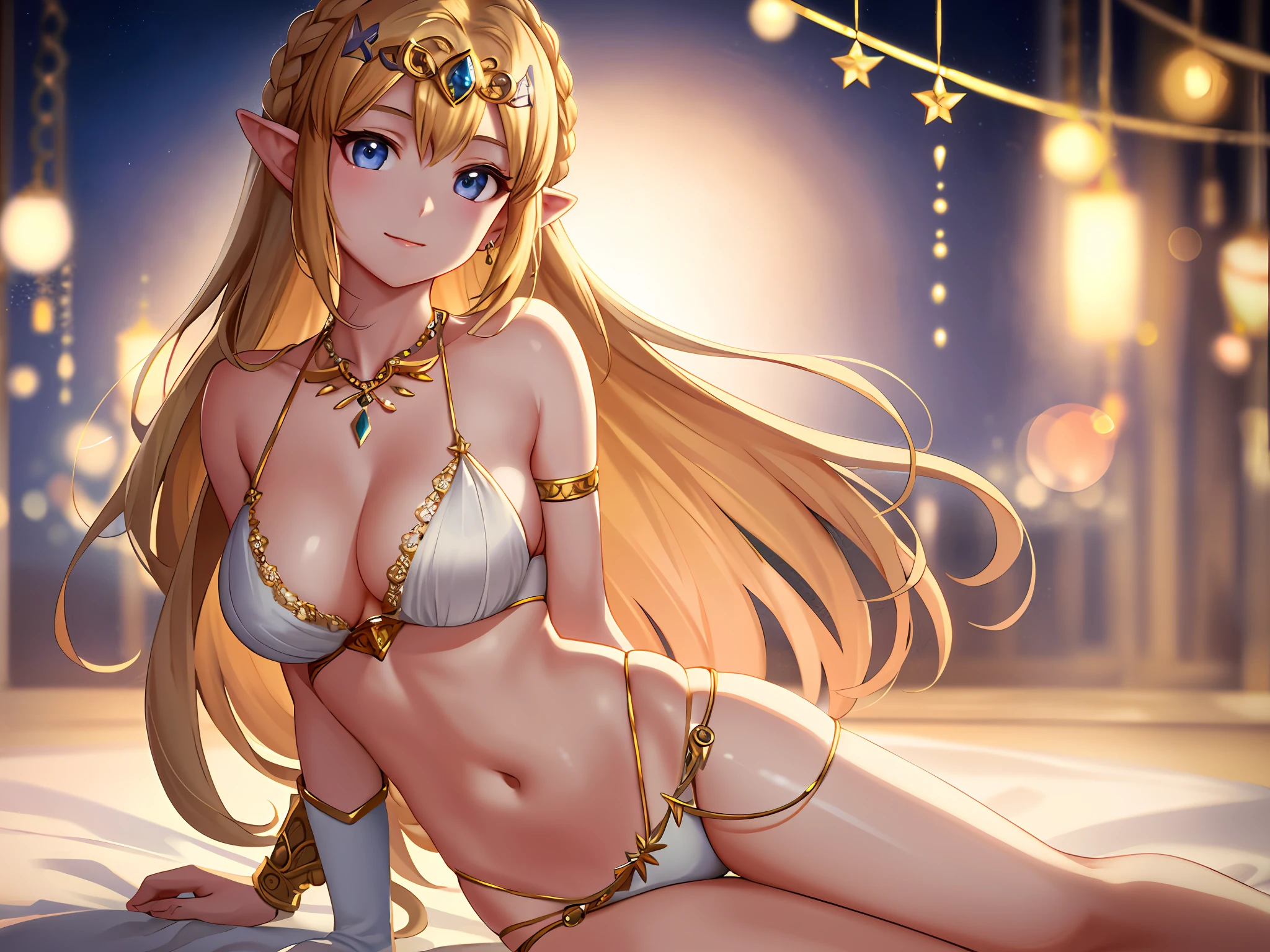 best quality, masterpiece, highres, 1girl, bikini ,hair ornament,necklace, princess zelda, blonde hair, jewelry,Beautiful face,upon_body, tyndall effect,photorealistic, dark studio, rim lighting, two tone lighting,(high detailed skin:1.2), 8k uhd, dslr, soft lighting, high quality, volumetric lighting, candid, Photograph, high resolution, 4k, 8k, Bokeh,