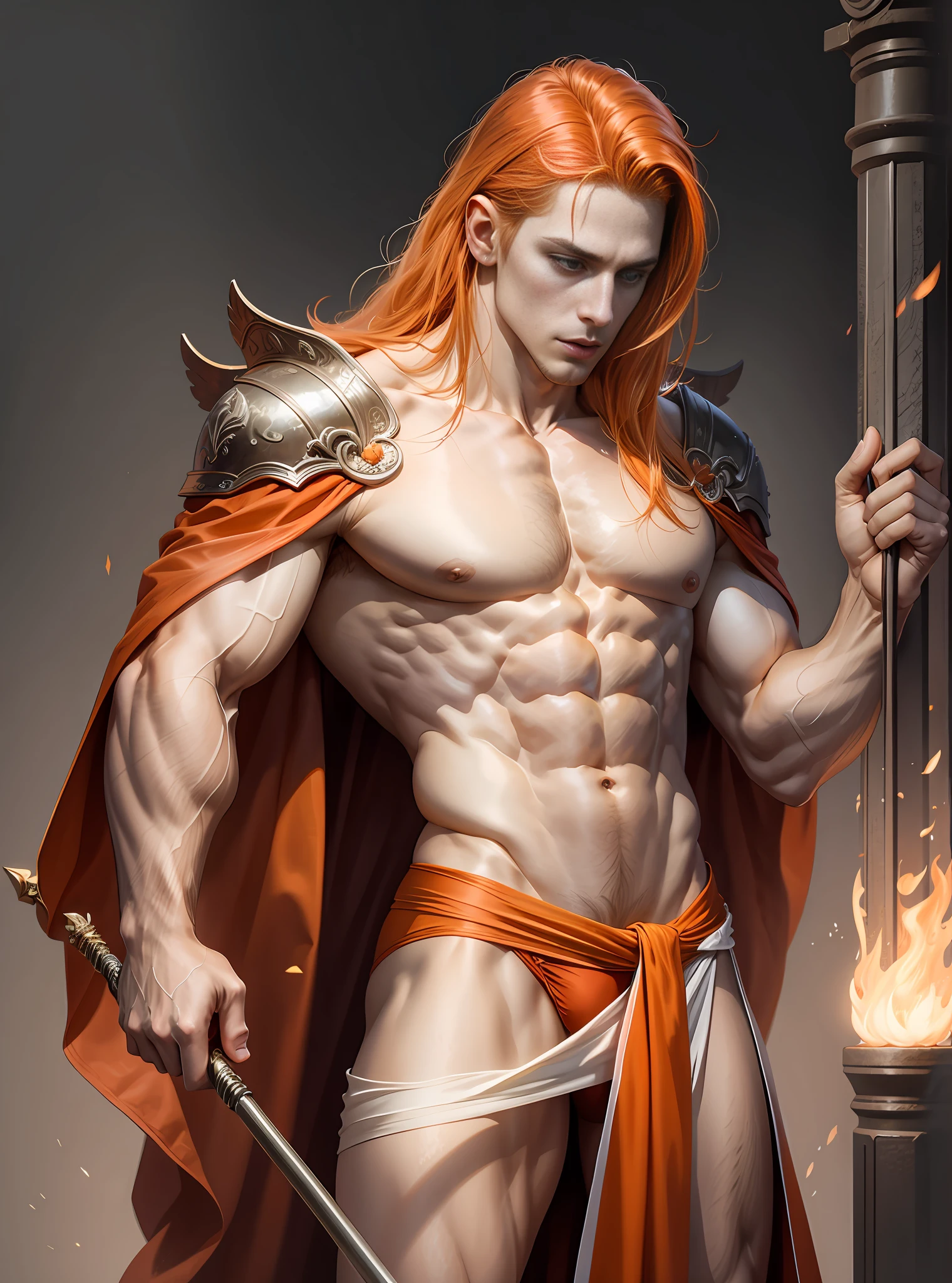 (hyper-realistic digital illustration), (perfect face:1.1), (high detail:1.1) like mage battle, extremely handsome male wearing micro orange thong string, mage long red robes, clean shaved, front view, lying on his back, holding legs raised, athletic body, (white skin), bare chest, flat chest,(long orange hair scruffy ), serene expression, small waist, muscular. best quality, high-resolution