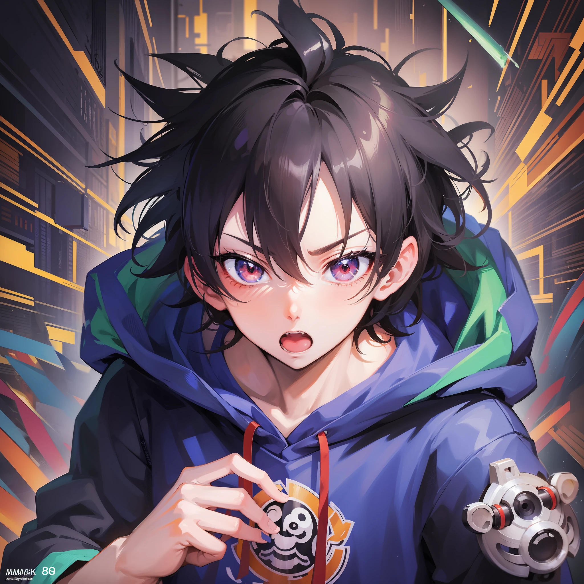 Boy in hoodie with index finger to mouth, facing camera, upper body, goku, monkey sticker, key anime art, projectile on broken digital art, anime art wallpaper 8K, anime style 4K, badass anime 8K