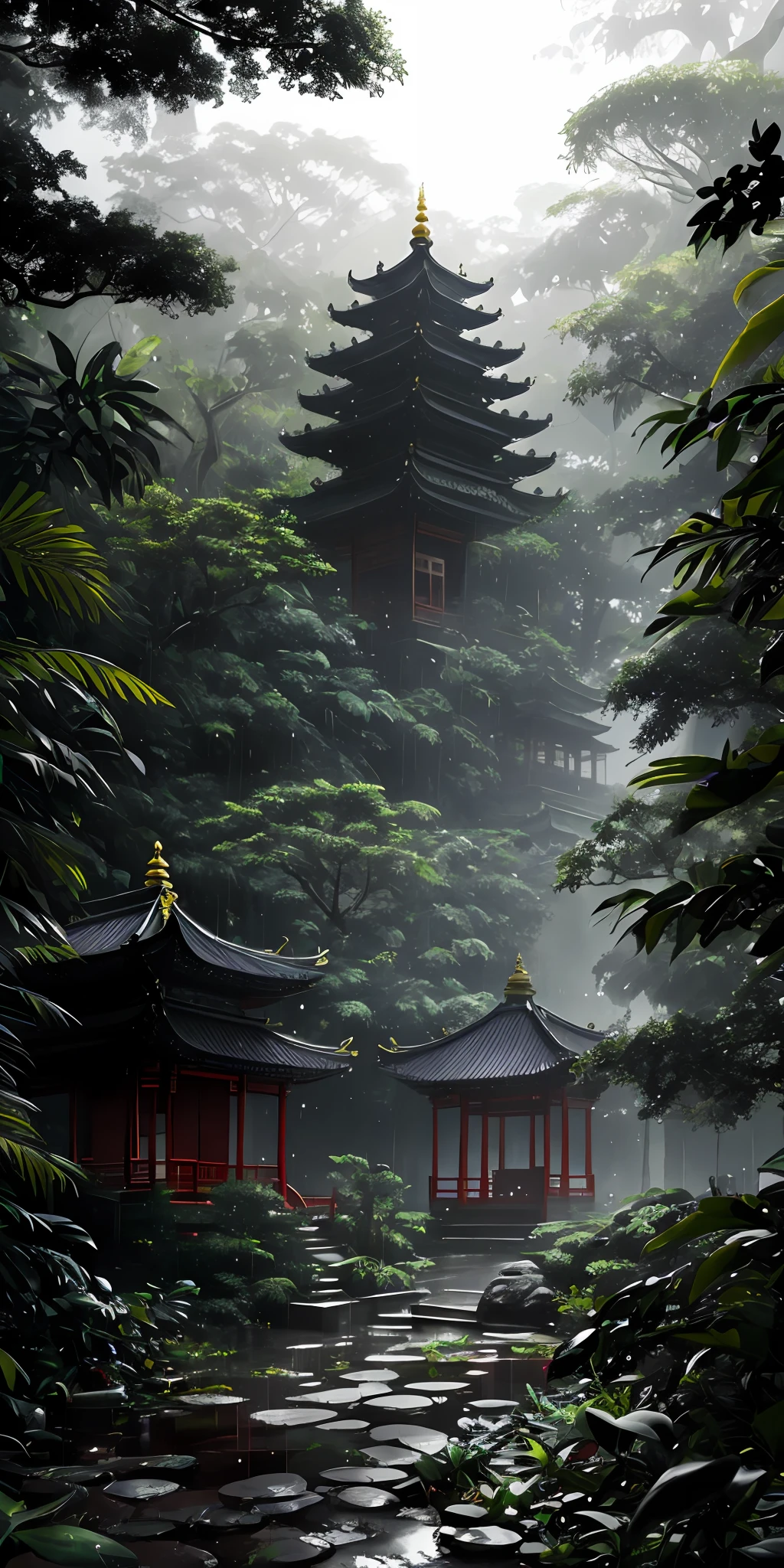 Jungle, heavy rainfall, a Chinese temple in the distance, monochrome, vines everywhere, huge and damp trees, masterpiece, best quality, high quality, very detailed CG uniform 8k wallpaper, oil painting, award winning photography, bokeh, depth of field, HDR, bloom, chromatic aberration, realism, very detailed, trends on artstation, trends on CGsociety, intricacies, high detail, drama, midjourney art, volumetric lighting