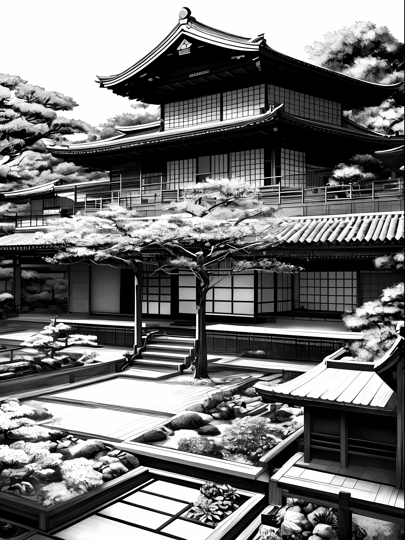 Japanese house with garden, Yoji Shinkawa style, black and white, print, super detailed
