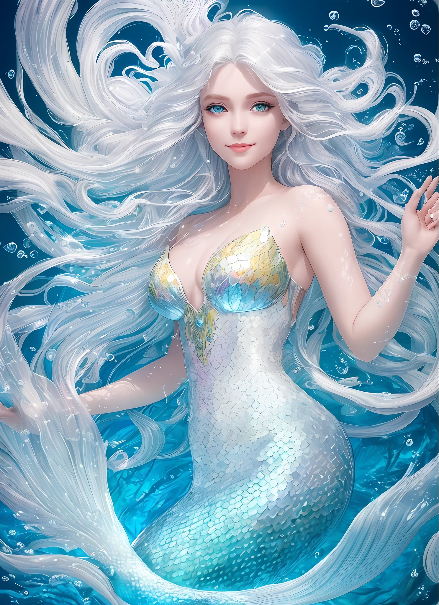 Beautiful mermaid, white long hair, realistic photo, high detailed, Realistic, high resolution, high texture, beautiful beauty, long flowing hair, big eyes, full and high straight, swimming, silver and bluesea fish tails, pale skin, happy eyes, masterpiece, best quality, (extremely detailed CG unity 8k wallpaper), (masterpiece), (best quality), hand fingers of human, (polychromatic:1.25), (scenic:1.2), (heterochromatic:1.2), (ultra-detailed), (best illustration), (best shadow), (lightfast), (highly detailed reflection), (an extremely delicate and beautiful), (fantasy), (dynamic angle), (dynamic pose), (1 mermaid floats in undersea), (white hair), (long wavy hair), (swirling hair), (gradient hair), (white and light blue dress), eyelashes, (highly detailed face:1.3), (light particles:1.3), (highly detailed light:1.3), (light changes to water:1.5), ( lots of water current), red, vermeil, orange, yellow, green, lime, peach, colar, pink, aqua, blue, violet, (gradient colored background), smile, upper body, (detailed blue sky:1.3), (ribbon strawwps), (close up:0.8)