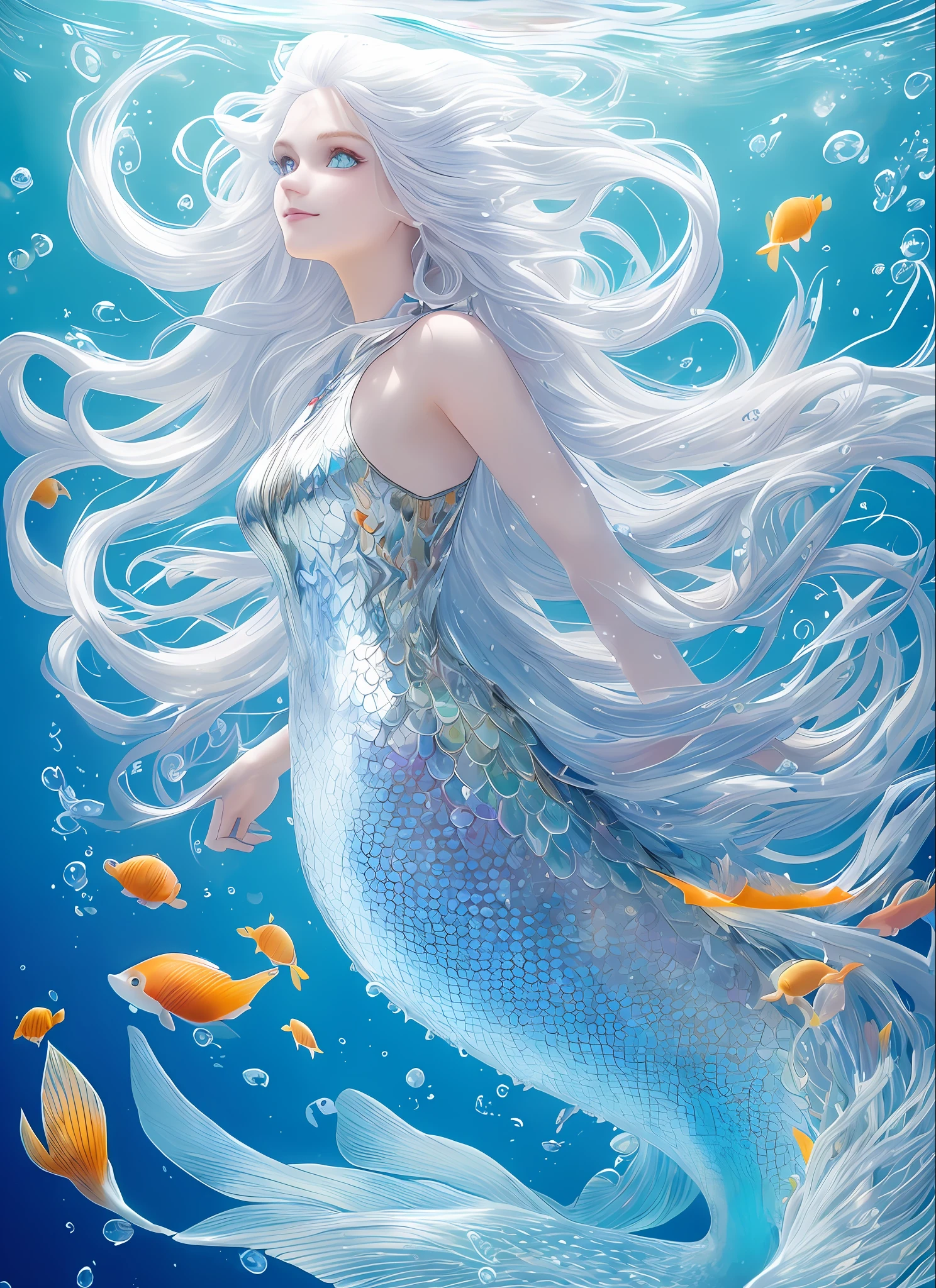 Beautiful mermaid, white long hair, realistic photo, high detailed, Realistic, high resolution, high texture, beautiful beauty, long flowing hair, big eyes, full and high straight, swimming, silver and bluesea fish tails, pale skin, happy eyes, masterpiece, best quality, (extremely detailed CG unity 8k wallpaper), (masterpiece), (best quality), hand fingers of human, (polychromatic:1.25), (scenic:1.2), (heterochromatic:1.2), (ultra-detailed), (best illustration), (best shadow), (lightfast), (highly detailed reflection), (an extremely delicate and beautiful), (fantasy), (dynamic angle), (dynamic pose), (1 mermaid floats in undersea), (white hair), (long wavy hair), (swirling hair), (gradient hair), (white and light blue dress), eyelashes, (highly detailed face:1.3), (light particles:1.3), (highly detailed light:1.3), (light changes to water:1.5), ( lots of water current), red, vermeil, orange, yellow, green, lime, peach, colar, pink, aqua, blue, violet, (gradient colored background), smile, upper body, (detailed blue sky:1.3), (ribbon strawwps), (close up:0.8)