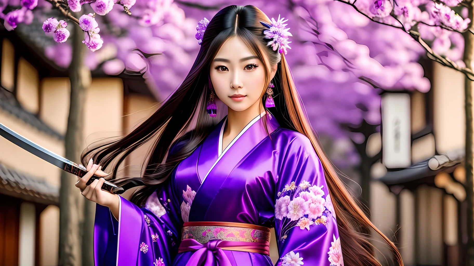 (Best quality, 8k, 32k, masterpiece, UHD: 1.2), photo of pretty Japanese woman, ultra long hair, beauty face, purple eyes, standing facing each other, (close-up: 1.4), pov, purple kimono, big, shiny skin, blurred background, pulling out a katana between her --auto --s2