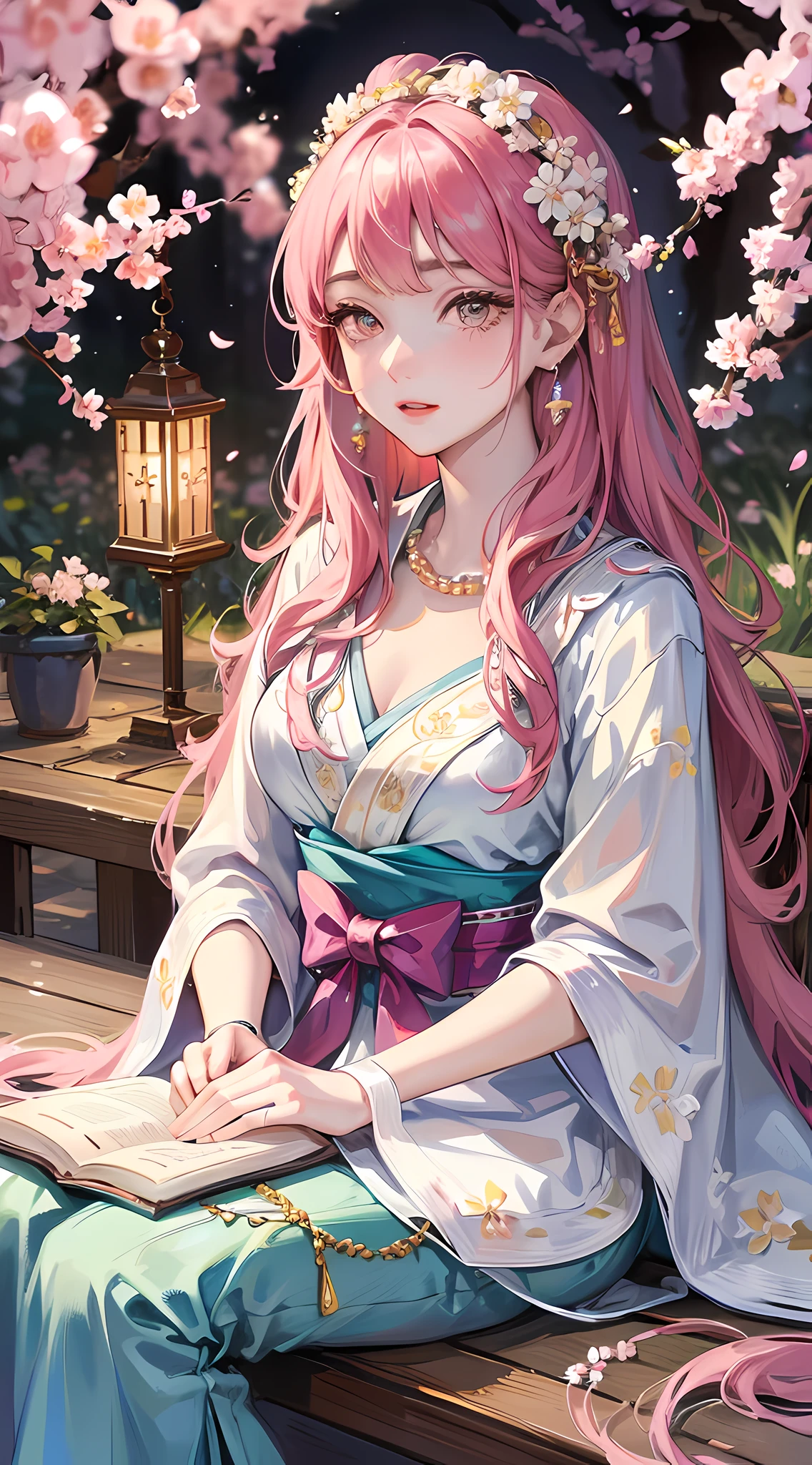 Highly detailed, high quality, masterpiece, 1 woman, sitting on wooden bench, (traditional clothing: 1.1), sexy, blue and white hanfu dress, long sleeves, gold embroidery, hair decorated with hairpins and silk tassels, (jewelry: 1.2), pearl earrings and necklace, delicate makeup, pink lips, calm expression, holding a book, (cherry blossom tree: 0.9), petals falling, lantern in background, outdoors, spring evening