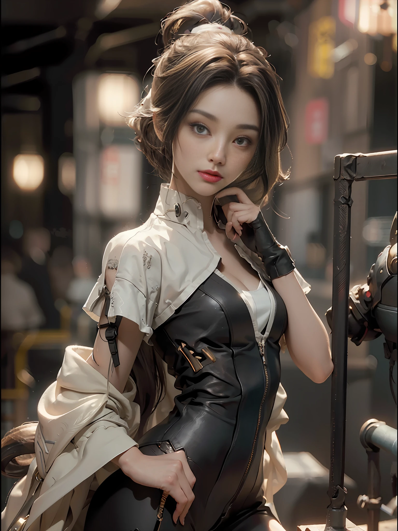 ((Best Quality)), ((Masterpiece)), (Details: 1.4), 3D, Bust, ((Straight Look)), (Body Facing Viewer), A Beautiful Cyberpunk Female Image Facing Squarely, ((Small Breast, Small Head)), ((Bust Photo)), (Upper Body), (Perfect Body: 1.1), (Perfect Face), (Perfect Eyes), (Perfect Fingers), (Long Straight Hair: 1.2), Golden Hair, Collar, Chain, Bust Shot, Straight Face to the Audience, Gloves, (Extremely detailed CG 8k wallpaper), (extremely refined and beautiful), (masterpiece), (best quality: 1.0), (ultra-high resolution: 1.0), beautiful lighting, realistic shadows, [high resolution], detailed skins, ultra-detailed, HDR (high dynamic range), ray tracing, NVIDIA RTX, Super-Resolution, Unreal 5, Subsurface scattering, PBR texture, post-processing, anisotropic filtering, depth of field, maximum sharpness and sharpness , Multilayer Textures, Albedo and Specular Maps, Surface Coloring, Accurate Simulation of Light-Material Interactions, Perfect Proportions, Octane Render, Bicolor Light, Large Aperture, Low ISO, White Balance, Rule of Thirds, 8K RAW,
