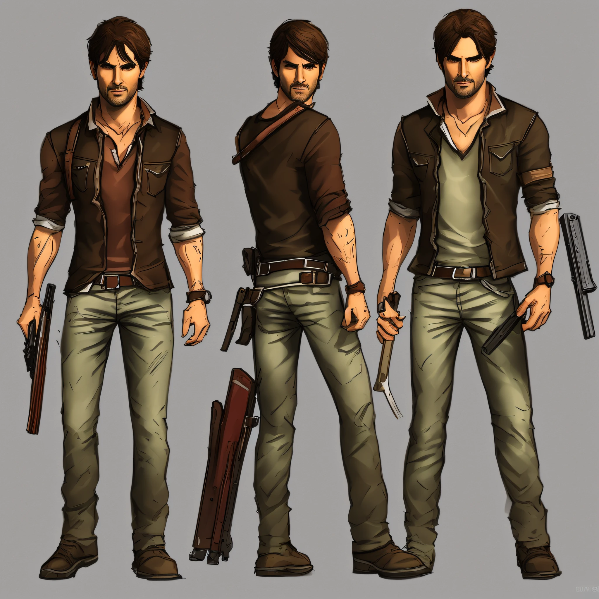 innocent man character, full body, SKINNY, short hair, (NICE GUY'S FACE) ((design sketches)), (masterpiece), extremely detailed, (original design), (random poses), (unique accessories), (current basic clothing), (clean face without beard) professionally retouched, white background, (male: 1.1) Brazilian, (jeans: 0.8), katana sword, (dirty: 1.1), (movement: 0.8), (young: 1.3), (sprint: 0.6) (survivor) (The Walking Dead concept) (resident evil concept) (concept  uncharted) --auto --s2