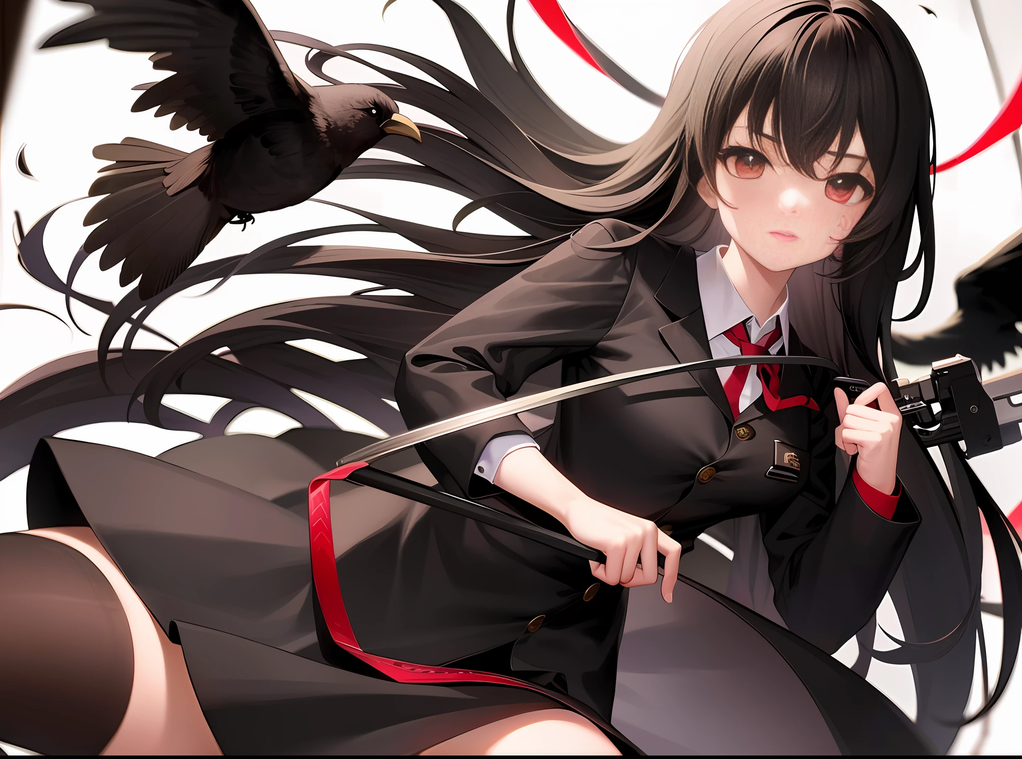 1girl, best quality, masterpicece, guns, black hair, black school uniform, crow, red eyes, dynamic angle