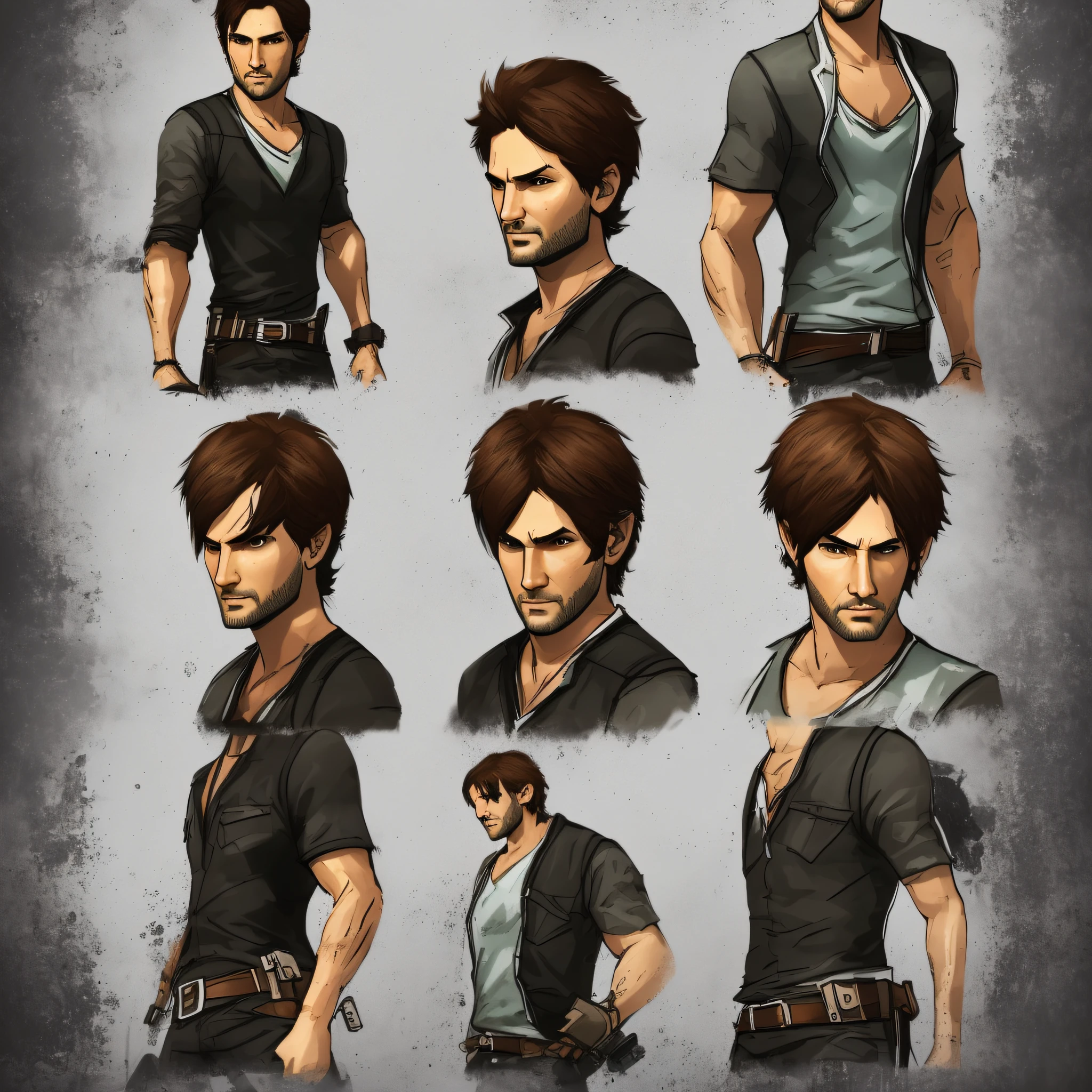 innocent man character, full body, SKINNY, short hair, (NICE GUY'S FACE) ((design sketches)), (masterpiece), extremely detailed, (original design), (random poses), (unique accessories), (current basic clothing), (clean face without beard) professionally retouched, white background, (male: 1.1) Brazilian, (jeans: 0.8), katana sword, (dirty: 1.1), (movement: 0.8), (young: 1.3), (sprint: 0.6) (survivor) (The Walking Dead concept) (resident evil concept) (concept uncharted) --auto --s2
