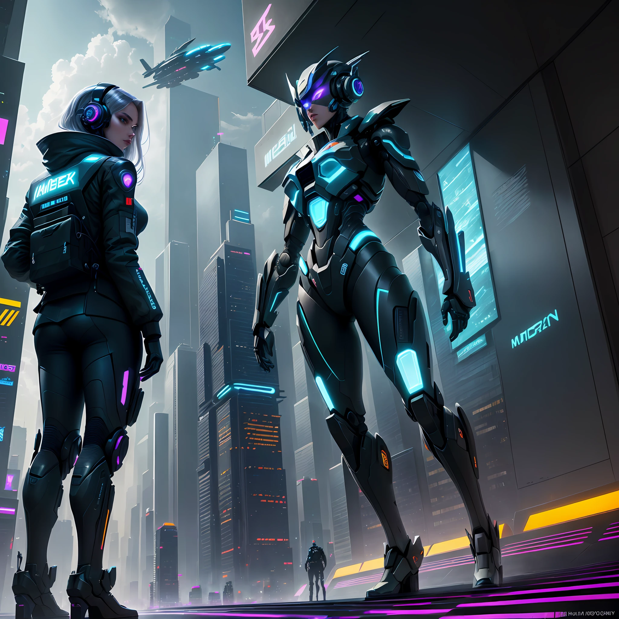 A futuristic metropolis, with gleaming skyscrapers and roads congested by flying vehicles. Neon lights illuminate the busy streets, while giant holograms display commercial advertisements in the sky. Advanced technology is present everywhere, with robots assisting people in their daily tasks. Nebula, Sinister, Cinematic Vibration, Negative Dark Mode, MC Escher, Senseijaye Art, Matrix Vibration, Digital Code Spinning, Matte Paint
