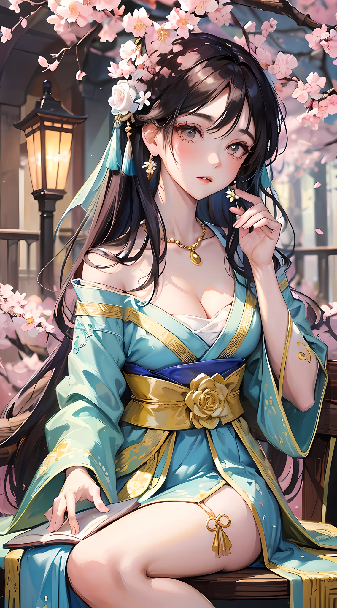 Highly detailed, high quality, masterpiece, 1 woman, sitting on wooden bench, (traditional clothing: 1.1), (sexy cleavage)), blue and white hanfu dress, long sleeves, gold embroidery, hair decorated with hairpins and silk tassels, (jewelry: 1.2), pearl earrings and necklace, delicate makeup, pink lips, calm expression, holding a book, (cherry blossom tree: 0.9), flower petals falling, lantern in background, outdoors, spring evening