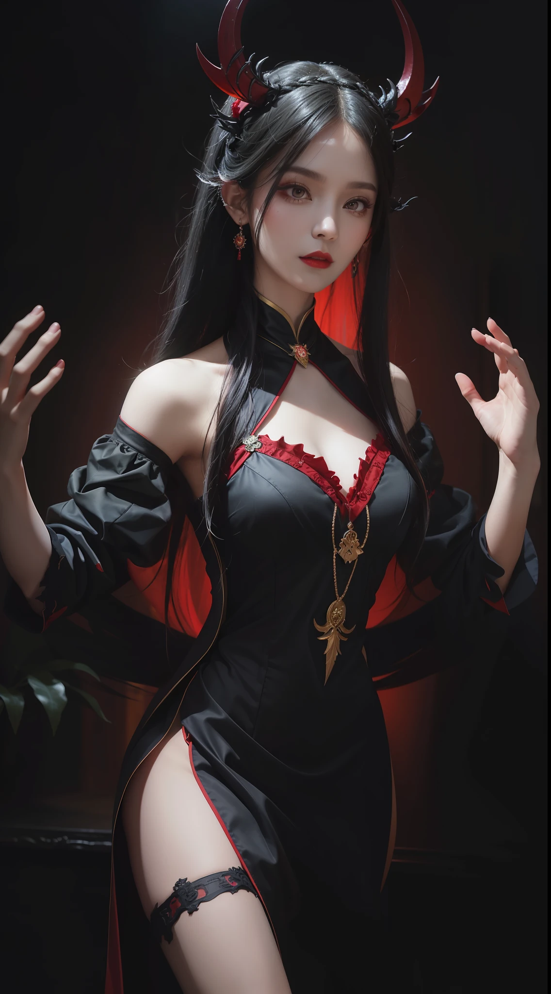 1 beautiful devil woman from hell, In the Dark: 1.6), surreal female portrait by David Hockney and Alphonse Mucha, fantasy art, korea doll, photorealism, dynamic lighting, artstation, poster, volumetric lighting, very detailed faces, 8k ultra, Awarded, in the dark, deep shadow, low key, cowboy lens, (Red phoenix dress: 1.4), long hair, black hair, bust, luxurious palace, Royal style, devil crown, red eyes make up very sharp and detailed, The most beautiful face, big and regular breasts, Super realistic, chinese women's clothing, polo neck sweater, Charming smile, The eyes are very well made up, guweiz, devil style, loong, wearing black mesh socks, upper body, 2 bangs braided hair, Red lips, Devil tattoo on shoulder, wearing a thin red and black robe, the landscape is overcast and thunderous, Portrait,