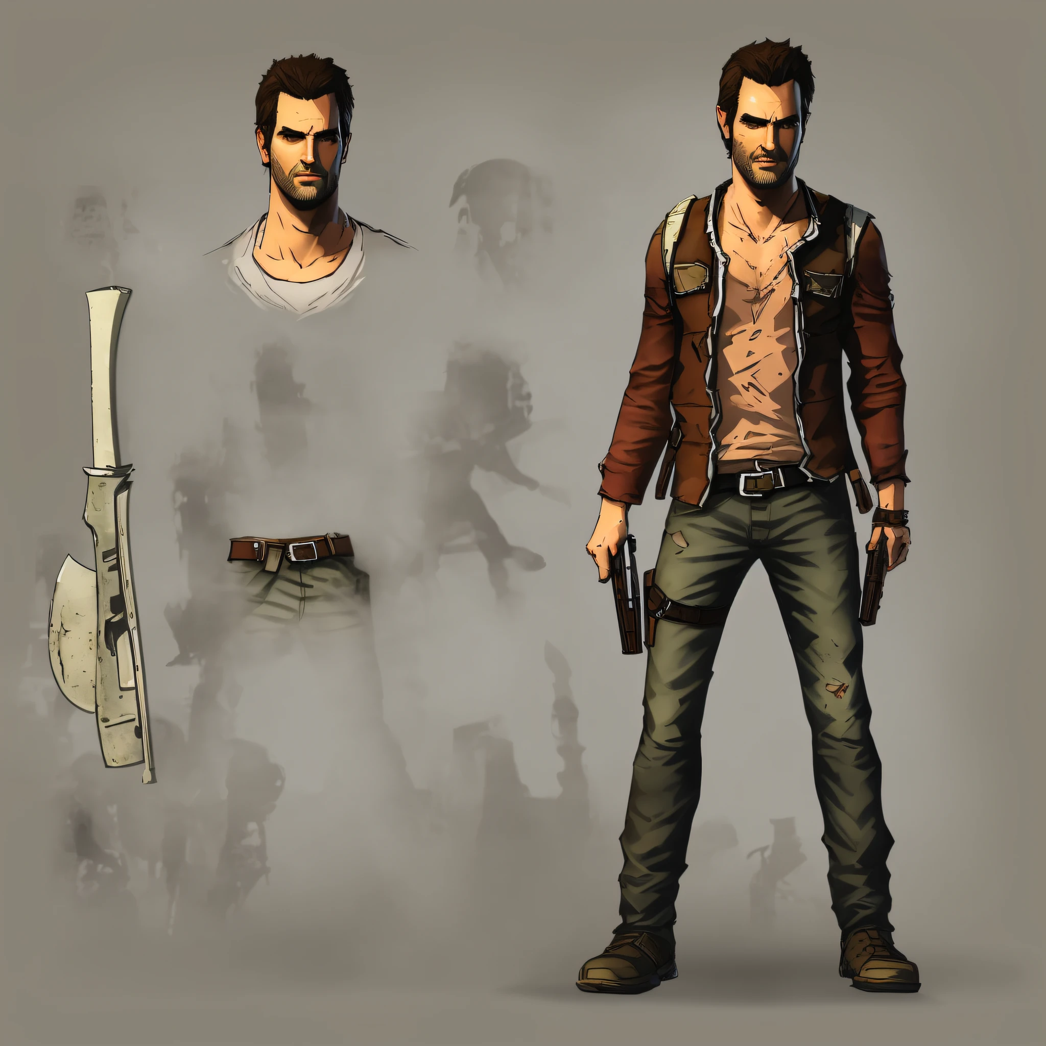 innocent man character, full body, SKINNY, short hair, (NICE GUY'S FACE) ((design sketches)), (masterpiece), extremely detailed, (original design), (random poses), (unique accessories), (current basic clothing), (clean face without beard) professionally retouched, white background, (male: 1.1) Brazilian, (jeans: 0.8), katana sword, (dirty: 1.1), (movement: 0.8), (young: 1.3), (sprint: 0.6) (survivor) (The Walking Dead concept) (resident evil concept) (concept uncharted) --auto --s2