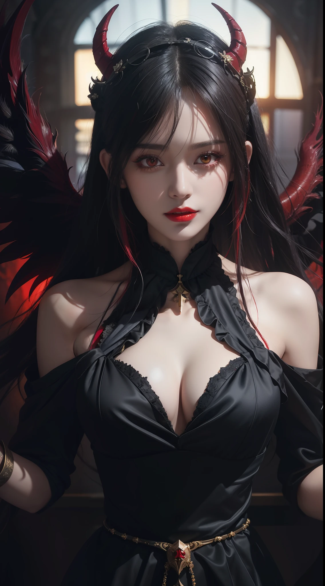 1 beautiful devil woman from hell, In the Dark: 1.6), surreal female portrait by David Hockney and Alphonse Mucha, fantasy art, korea doll, photorealism, dynamic lighting, artstation, poster, volumetric lighting, very detailed faces, 8k ultra, Awarded, in the dark, deep shadow, low key, cowboy lens, (Red phoenix dress: 1.4), long hair, black hair, bust, luxurious palace, Royal style, devil crown, red eyes make up very sharp and detailed, The most beautiful face, big and regular breasts, Super realistic, chinese women's clothing, polo neck sweater, Charming smile, The eyes are very well made up, guweiz, devil style, loong, wearing black mesh socks, upper body, 2 bangs braided hair, Red lips, Devil tattoo on shoulder, wearing a thin red and black robe, the landscape is overcast and thunderous, Portrait,
