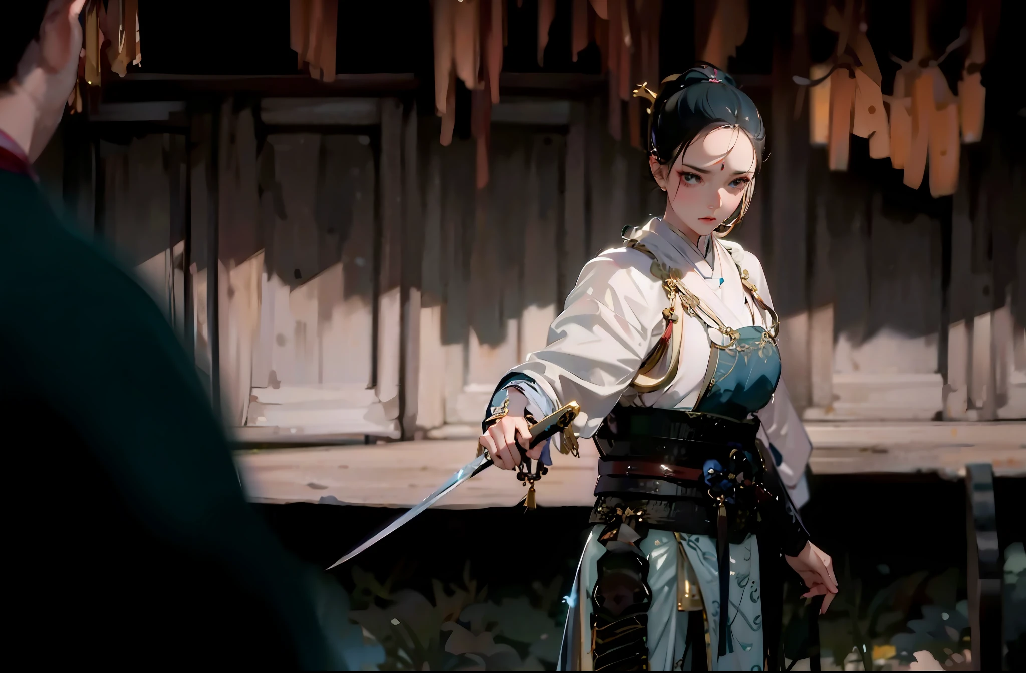 (female: 1.1), black eyes, head down, straight face, oriental beauty, anger, (masterpiece), best quality, Anime, merge, colorful, vibrant colors, illustration, artstyle, fantasy, realistic, animation, (photo_\(medium\):1.0), by Antonio J. Manzanedo, by Jeremy Lipking, lightning, in surreal landscapes, smooth, sharp focus, sword in both hands,