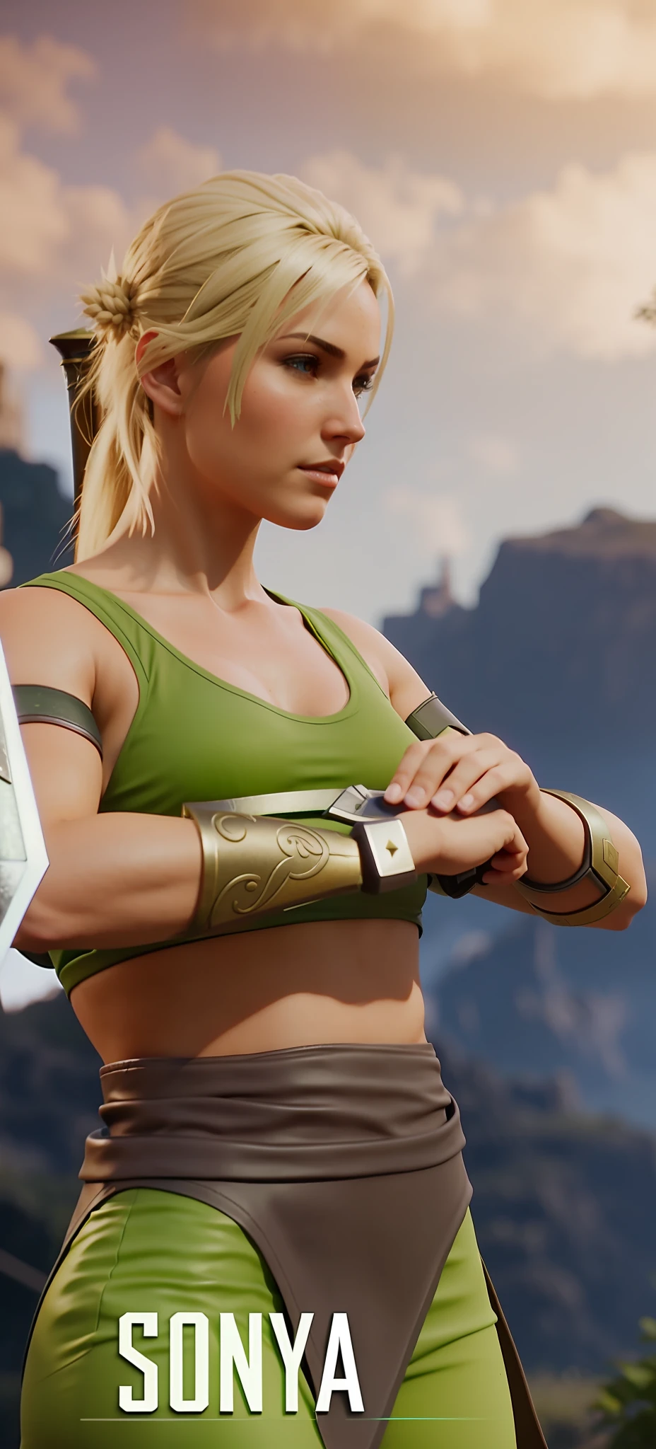 a woman in a green top holding a sword in a field, a sexy blonde warrior, fantasy style 8 k octane render, unreal engine render + a goddess, small character. unreal engine 5, detailed cinematic render, cinematic goddess body shot, unreal engine character art, she is ready to fight, muscular sweat lara croft, cinematic unreal engine 5, ultra realistic concept art, [[sonya Blade]]+hottest babe+