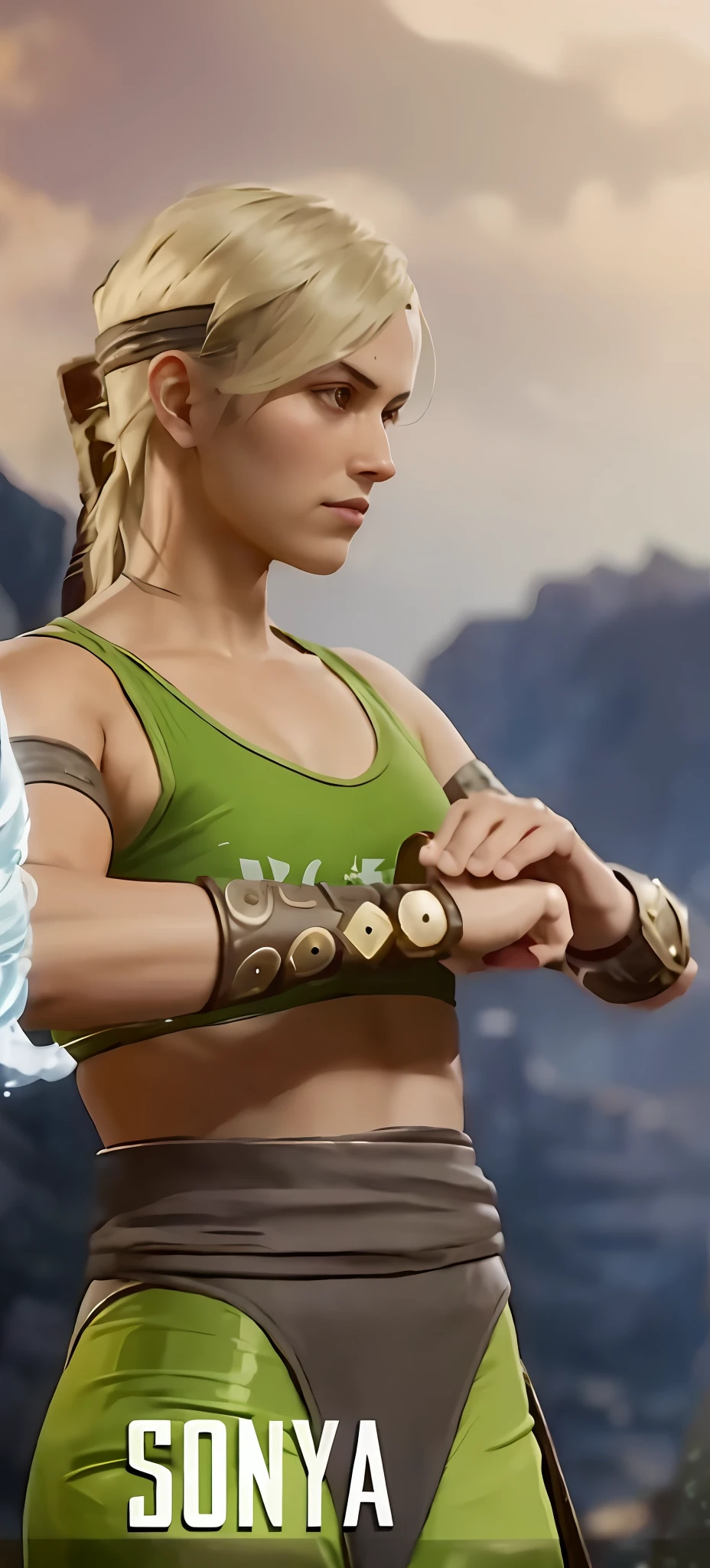 a close up of a woman in a green top holding a sword, as a character in mortal kombat, fighting game character, small character. unreal engine 5, ps5 cinematic screen capture, holding a pair of fans. unreal 5, unreal engine 5 detail, detailed cinematic render, cinematic unreal engine 5, sea of thieves style, made in unreal engine 5, hottest in tight micro bikini