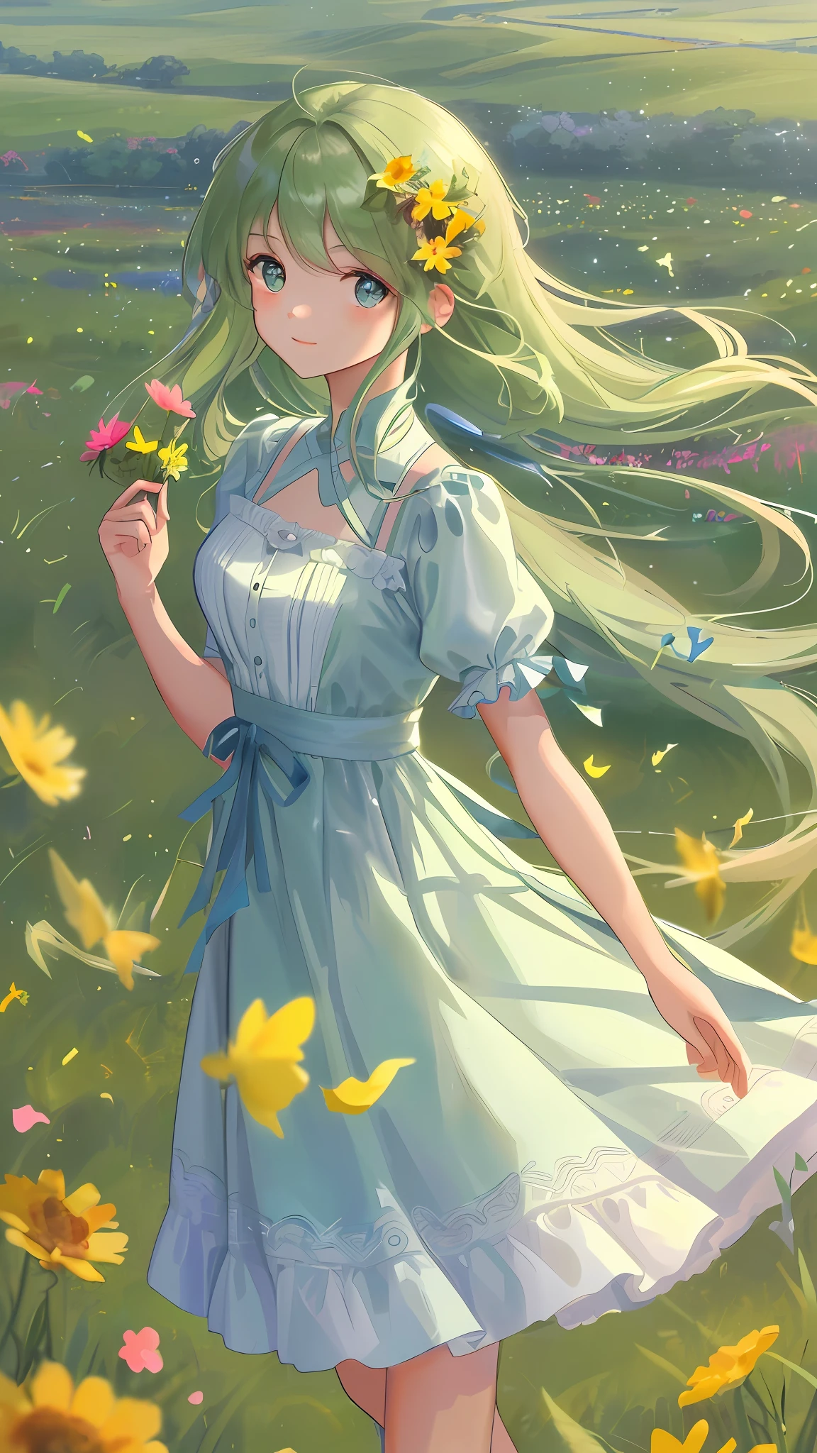 High Detail, Ultra Detail, Ultra High Resolution A cute and innocent girl is enjoying her time in an open field, surrounded by the beauty of nature, with the warm sun shining on her and wild flowers swaying gently in the breeze. Butterflies and birds flutter around her, adding to the playful atmosphere, --v6