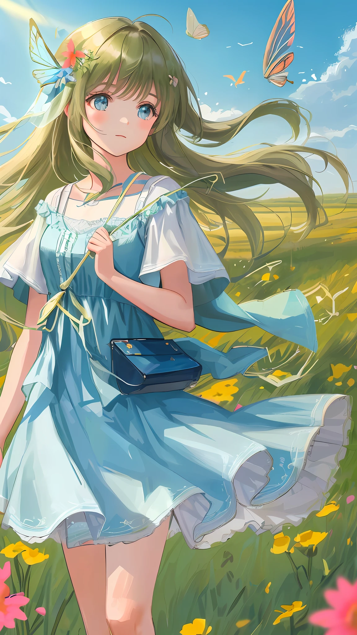 High Detail, Ultra Detail, Ultra High Resolution A cute and innocent girl is enjoying her time in an open field, surrounded by the beauty of nature, with the warm sun shining on her and wild flowers swaying gently in the breeze. Butterflies and birds flutter around her, adding to the playful atmosphere, --v6