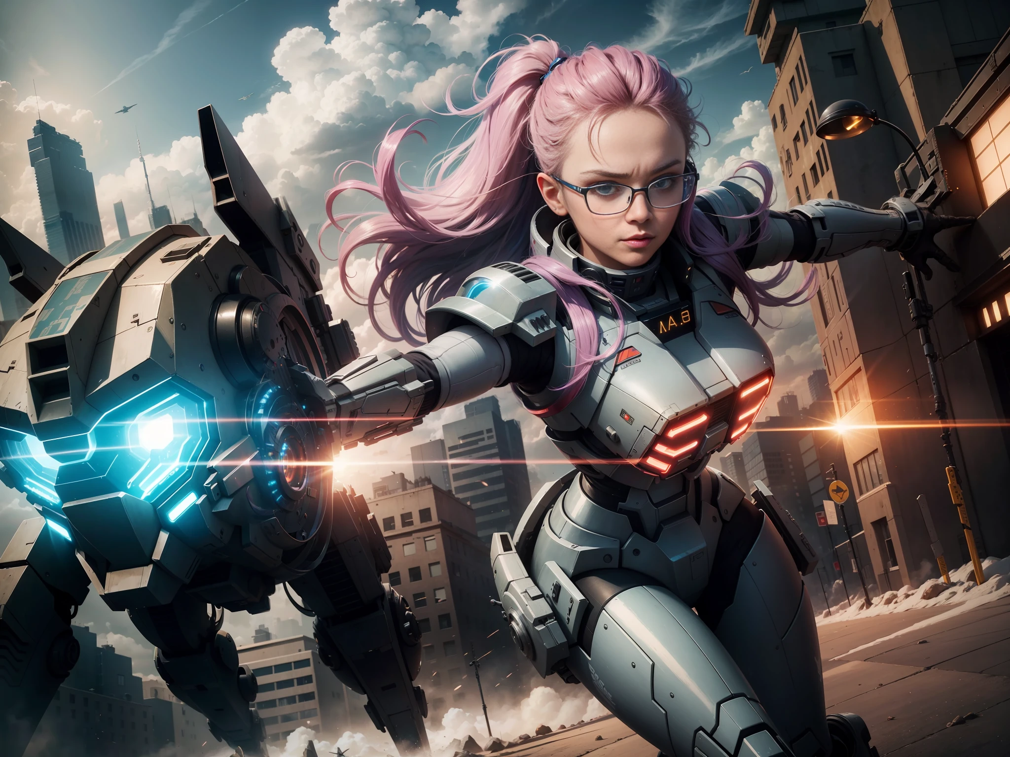 Sky, Clouds, Boots, holding_weapon, Battlestar Galactica, Battlefield, Glow, Robot, glowing_eyes, Mecha, Science fiction, City, Reality, Mecha, Colorful hair, Forehead jewelry, rimless glasses, Mole under the eyes, Surrealism, Shadows, Stereoscopic Image, Atmospheric Perspective, Motion Blur, God Ray, Negative Space, Ultra Wide Angle, 8k, Super Detail, Precision, Best Quality, UHD, Retina, Textured Skin, Girl, Beautiful Face ,beautiful pose, math lighting, Hasselblad,