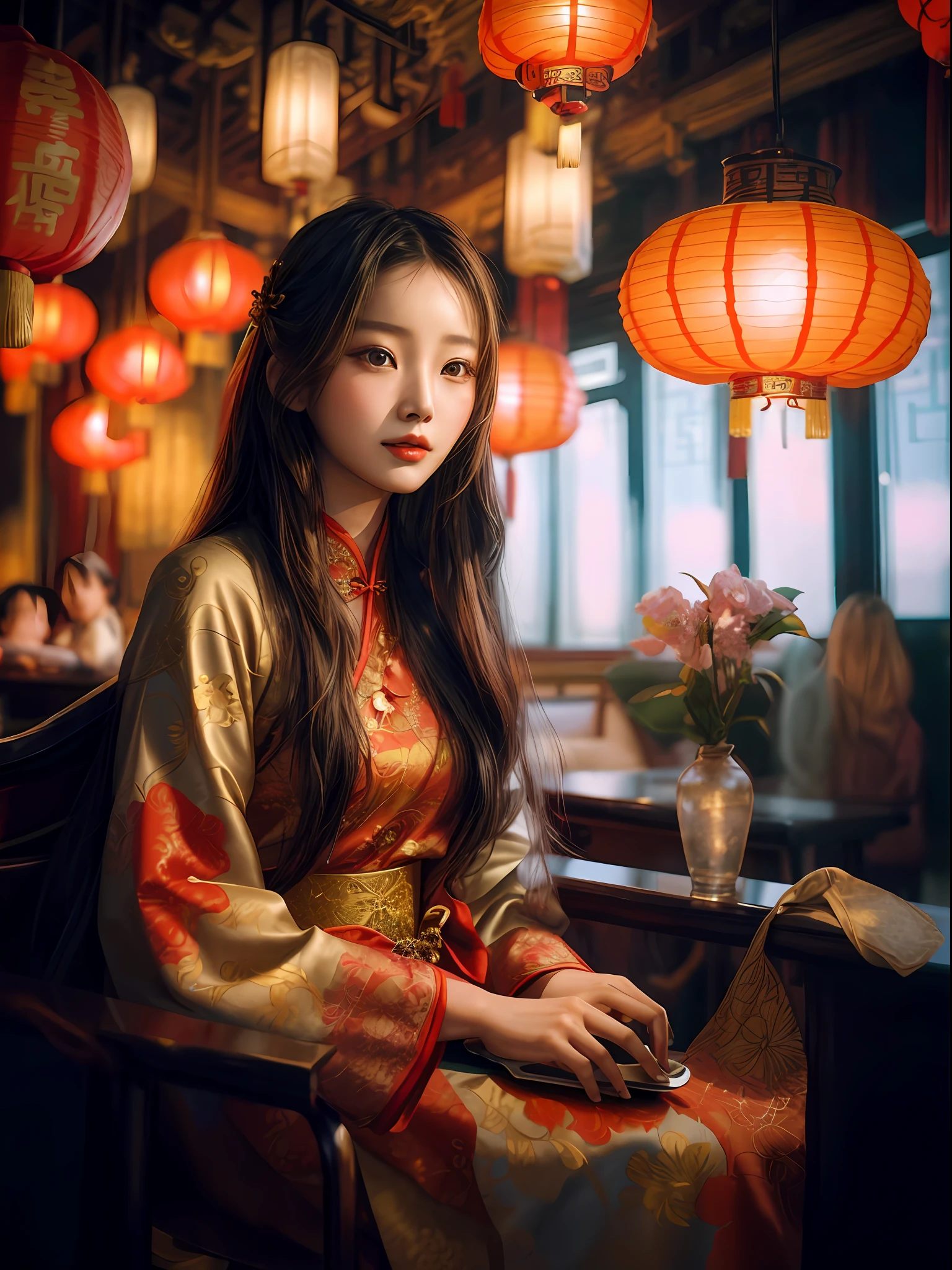 arafed woman sitting in a restaurant with a laptop, chinese girl, chinese woman, girl under lantern, chinese style, portrait shot, beautiful oriental woman, with acient chinese clothes, palace ， a girl in hanfu, traditional chinese, an asian woman, asian woman, asian girl, beautiful asian girl, a young asian woman, young asian girl, chinese dress