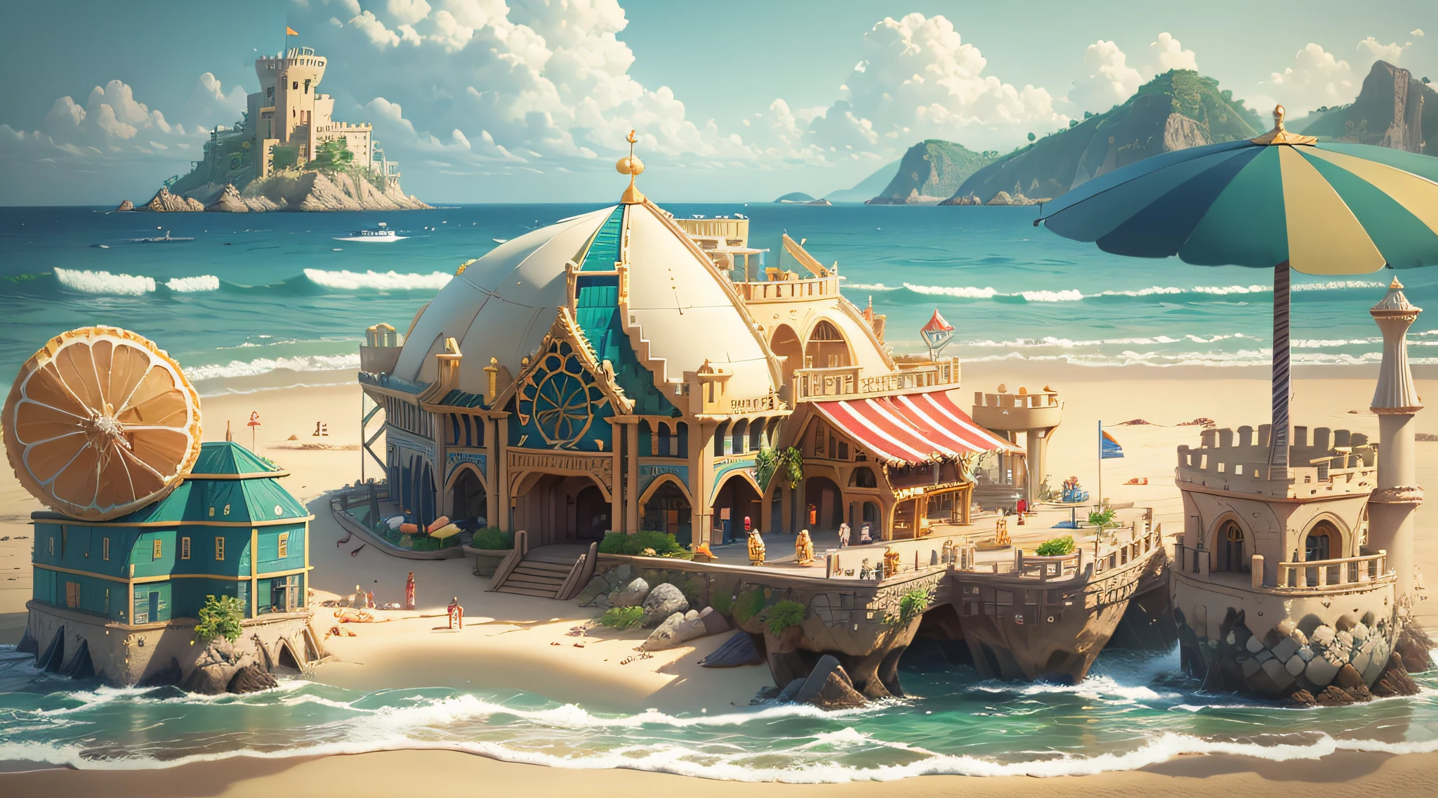 masterpiece, best quality,(Frontal angle:1.5),(clear and clean screen),Pixel Style,Summer, seaside, beach, sunny, sand castle, shade fans, snack cart, children's toys, soda drinks --auto --s2