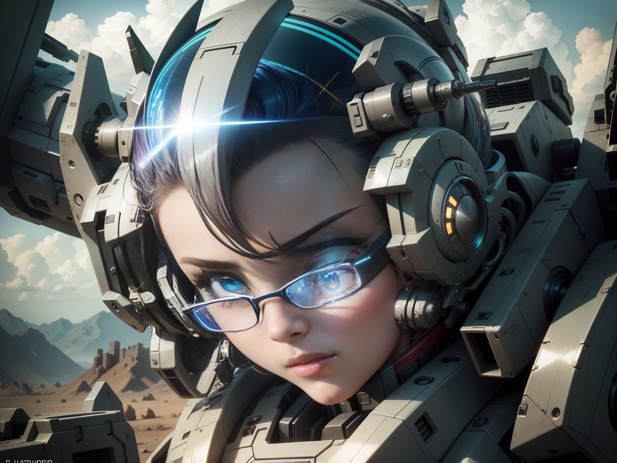 Sky, Clouds, Boots, holding_weapon, Battlestar Galactica, Battlefield, Glow, Robot, glowing_eyes, Mecha, Science fiction, City, Reality, Mecha, Colorful hair, Forehead jewelry, rimless glasses, Mole under the eyes, Surrealism, Shadows, Stereoscopic Image, Atmospheric Perspective, Motion Blur, God Ray, Negative Space, Ultra Wide Angle, 8k, Super Detail, Precision, Best Quality, UHD, Retina, Textured Skin, Girl, Beautiful Face ,beautiful pose, math lighting, Hasselblad,