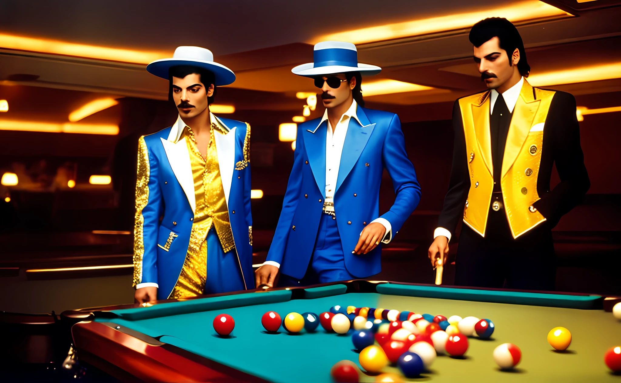Smoothcriminal 1987michaeljackson with blue white suit and Freddie Mercury with yellow suit playing pool in the dark room with a jukebox in the background, intricate detail, detailed face, very sharp, high quality, professional photography
