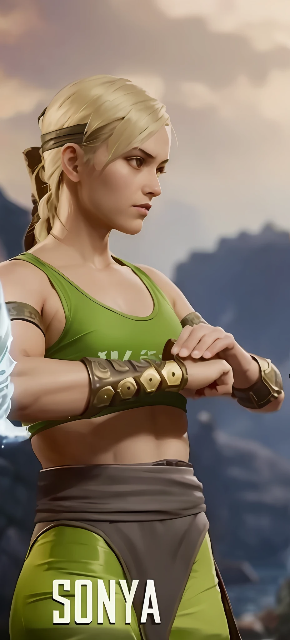 a close up of a woman in a green top holding a sword, as a character in mortal kombat, fighting game character, small character. unreal engine 5, ps5 cinematic screen capture, holding a pair of fans. unreal 5, unreal engine 5 detail, detailed cinematic render, cinematic unreal engine 5, sea of thieves style, made in unreal engine 5, hottest in tight micro bikini