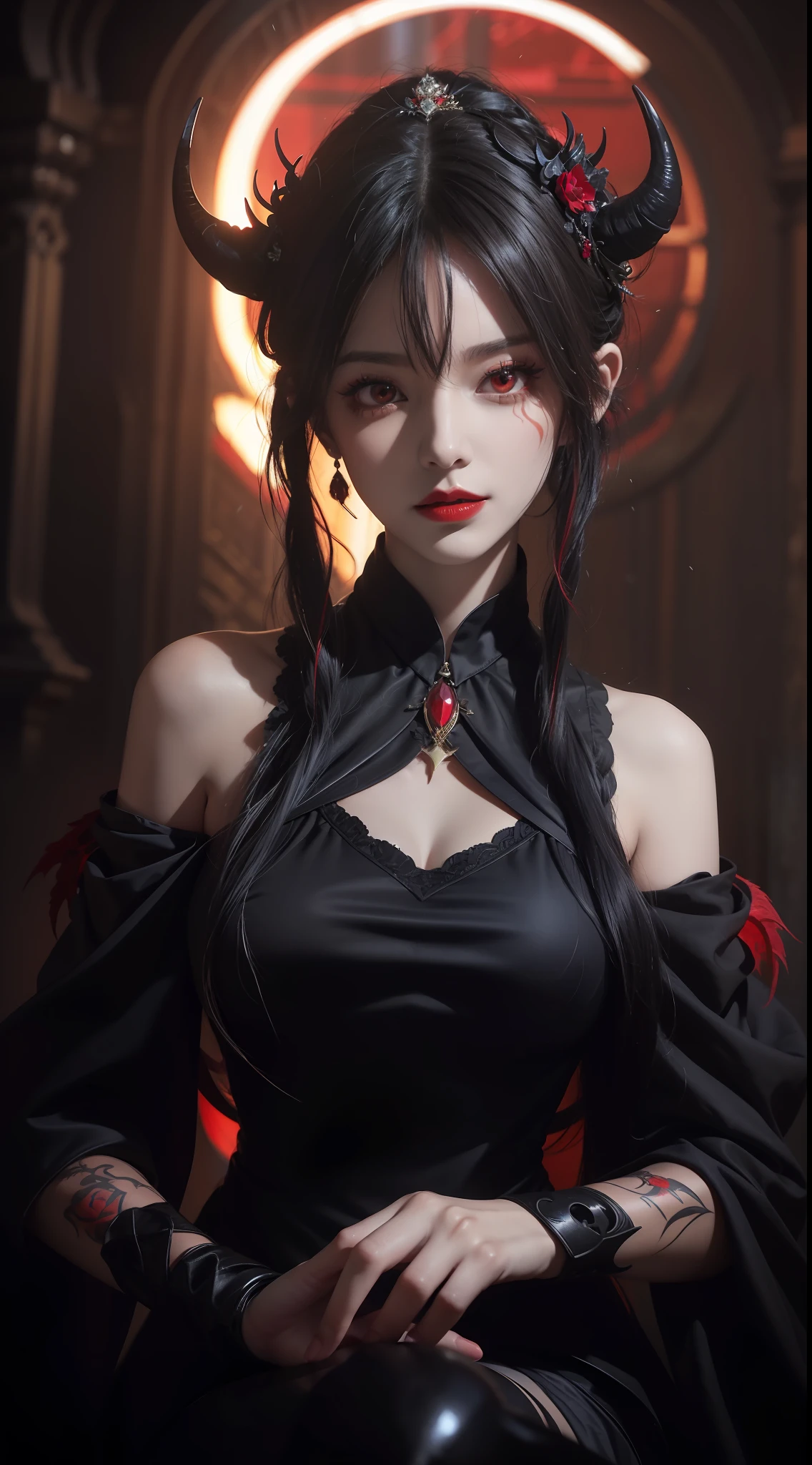 1 beautiful devil woman from hell, In the Dark: 1.6), surreal female portrait by David Hockney and Alphonse Mucha, fantasy art, korea doll, photorealism, dynamic lighting, artstation, poster, volumetric lighting, very detailed faces, 8k ultra, Awarded, in the dark, deep shadow, low key, cowboy lens, (Red phoenix dress: 1.4), long hair, black hair, bust, luxurious palace, Royal style, devil  crown, red eyes make up very sharp and detailed, The most beautiful face, big and regular breasts, Super realistic, chinese women's clothing, polo neck sweater, Charming smile, The eyes are very well made up, guweiz, devil style, loong, wearing black mesh socks, upper body, 2 bangs braided hair, Red lips, Devil tattoo on shoulder, wearing a thin red and black robe, the landscape is overcast and thunderous, Portrait,