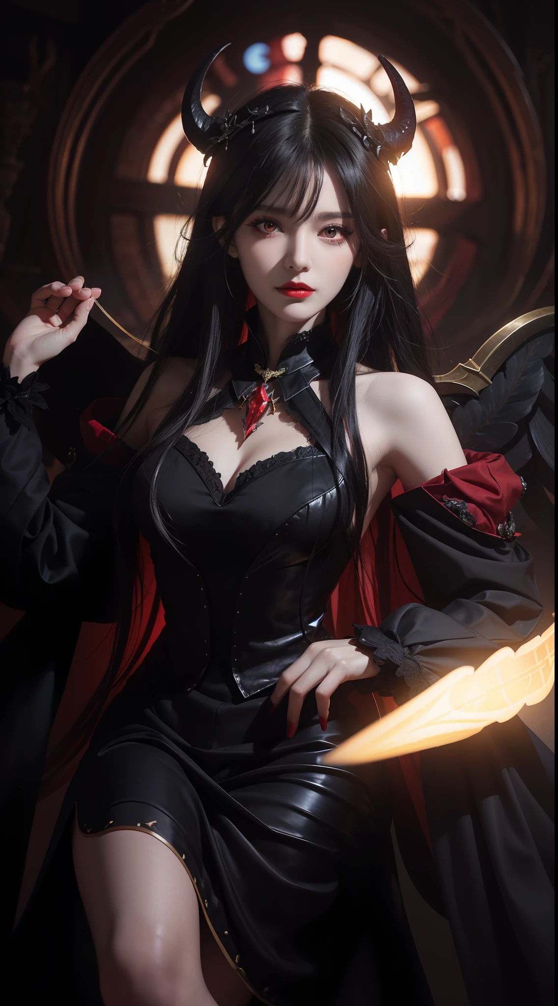 1 beautiful devil woman from hell, In the Dark: 1.6), surreal female portrait by David Hockney and Alphonse Mucha, fantasy art, korea doll, photorealism, dynamic lighting, artstation, poster, volumetric lighting, very detailed faces, 8k ultra, Awarded, in the dark, deep shadow, low key, cowboy lens, (Red phoenix dress: 1.4), long hair, black hair, bust, luxurious palace, Royal style, devil crown, red eyes make up very sharp and detailed, The most beautiful face, big and regular breasts, Super realistic, chinese women's clothing, polo neck sweater, Charming smile, The eyes are very well made up, guweiz, devil style, loong, wearing black mesh socks, upper body, 2 bangs braided hair, Red lips, Devil tattoo on shoulder, wearing a thin red and black robe, the landscape is overcast and thunderous, Portrait,