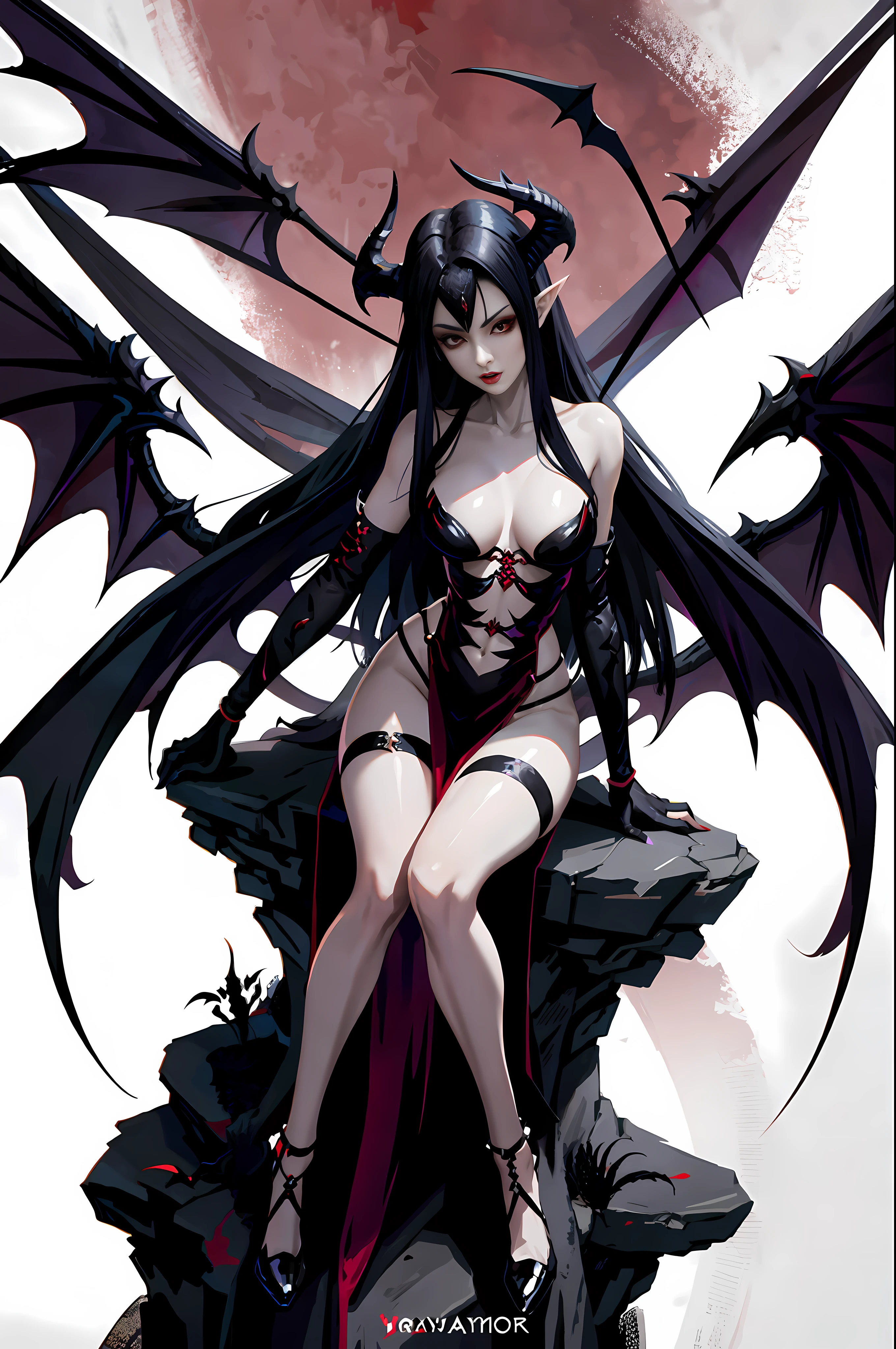 Dominant demonic woman with red eyes and red wings sitting on a rocky ledge, beautiful succubus with a perfect body, succubus | medieval, succubus, demoness, raven-winged female vampire, beautiful elegant demon queen, hot succubus in a tight short dress showing much skin, portrait of a female demon in a  yet proud pose, Lasombra clan vampire, Diablo 4 Lilith, Mara demon, Geisha demon, in the style of Anne Stokes, perfectly proportioned physique. (:1.3),, (naugthy:1.3)